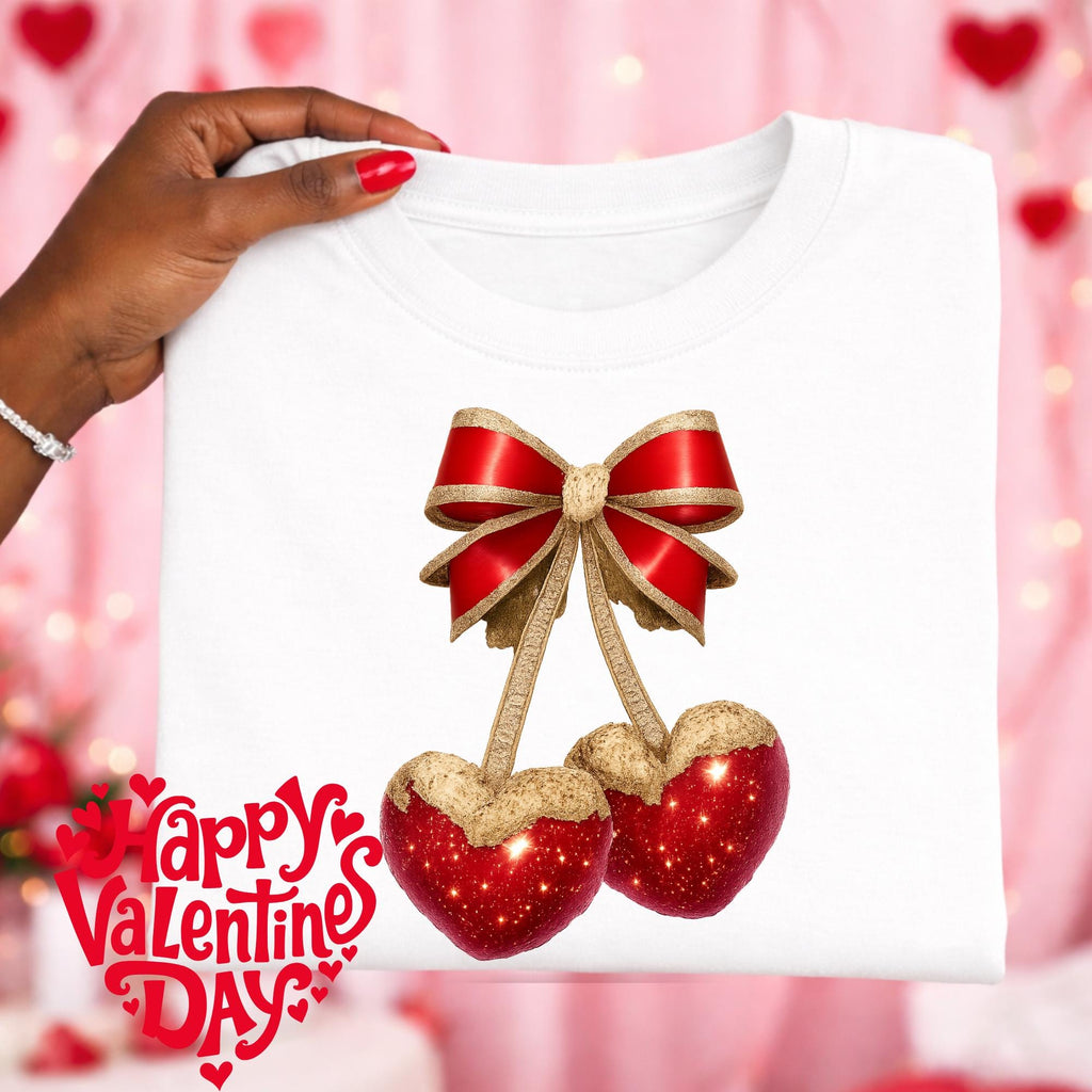 Cherry Heart Png, Valentine png, Pink Hearts Png,  Cherries and Heart Coquette Png, Faux Glitter Png, Cherry Hearts and Bow, Heart Cherries
