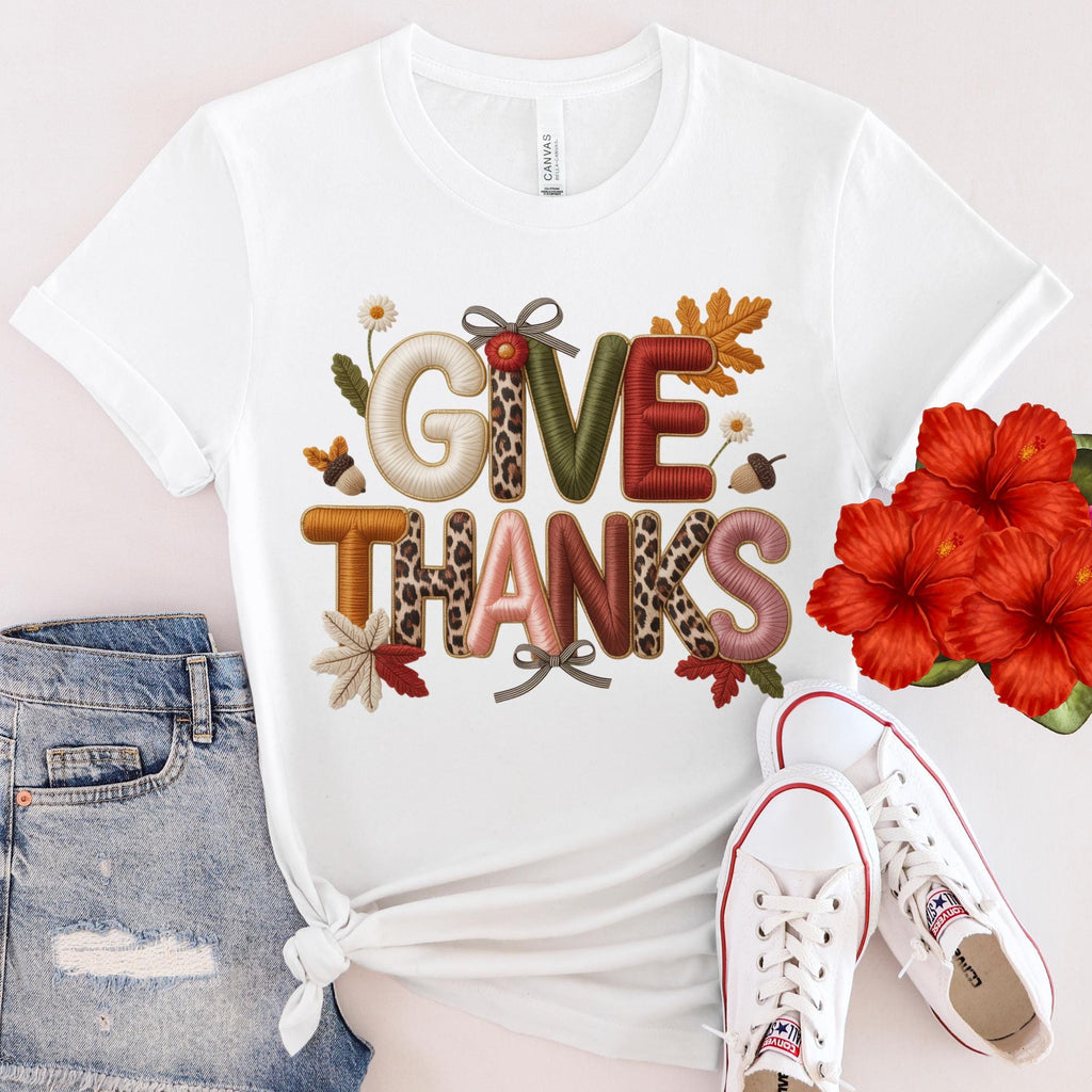 Faux Embroidery Give Thanks, Give Thanks png,  Fall Animal Print PNG, Autumn Design (Digital Download)