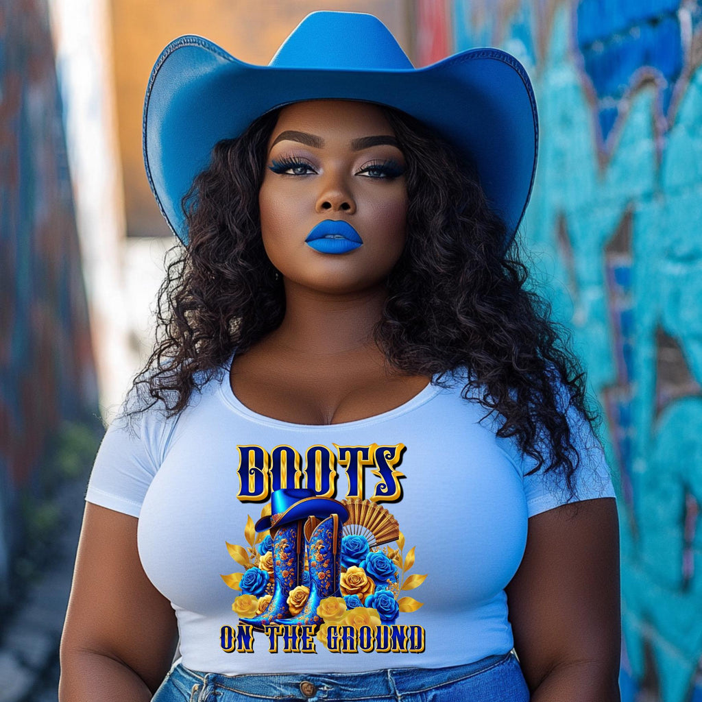 Blue and Gold Boots on the ground no poodle