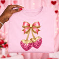 Cherry Heart Png, Valentine png, Pink Hearts Png,  Cherries and Heart Coquette Png, Faux Glitter Png, Cherry Hearts and Bow, Heart Cherries