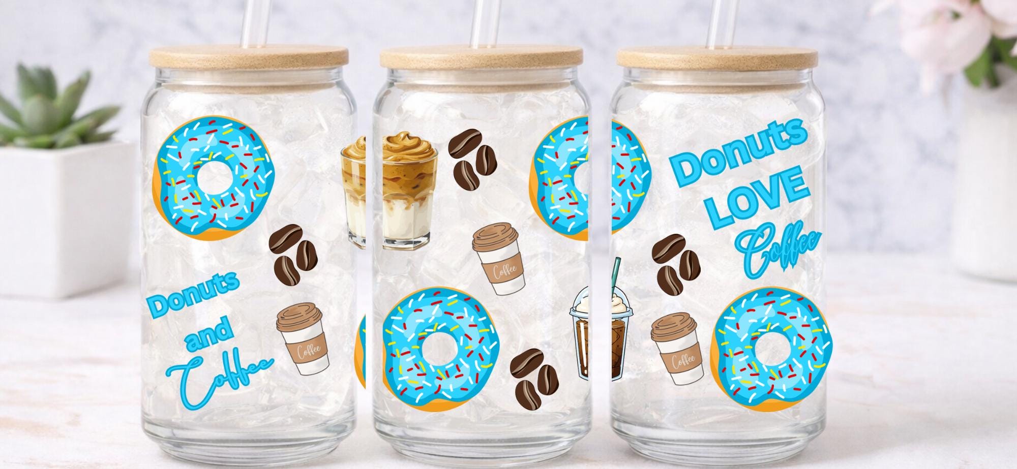 UV DTF Coffee and Donut bundle cup wraps glass tumblers