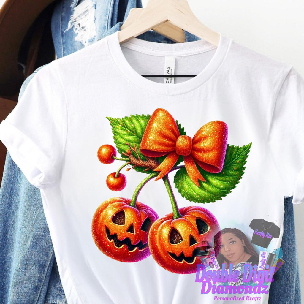 Cherry Pumpkins Png, Halloween Pumpkin png, Fall Png, Pumpkin Cherries Coquette Png, Faux Glitter Png, Pumpkin Bow, Pumpkin Cherries