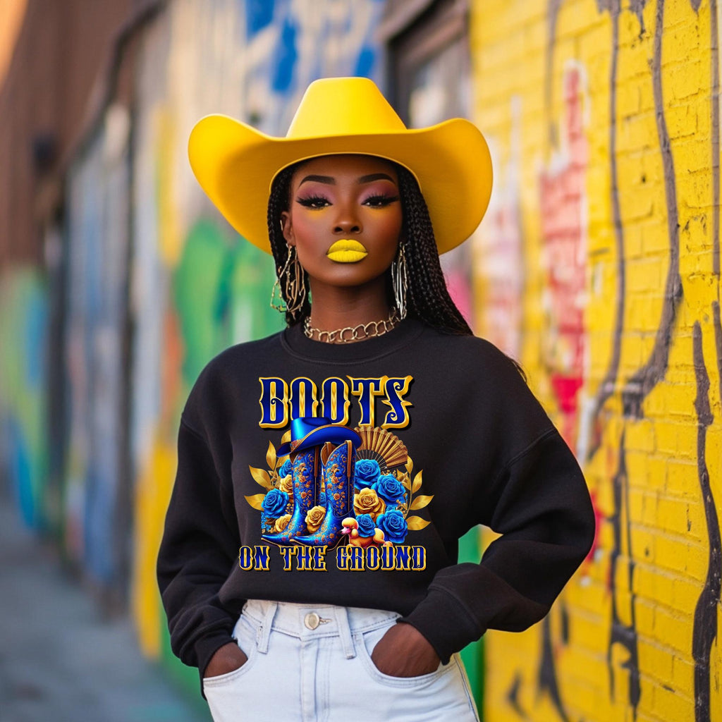 Blue and Gold Boots on the ground poodle