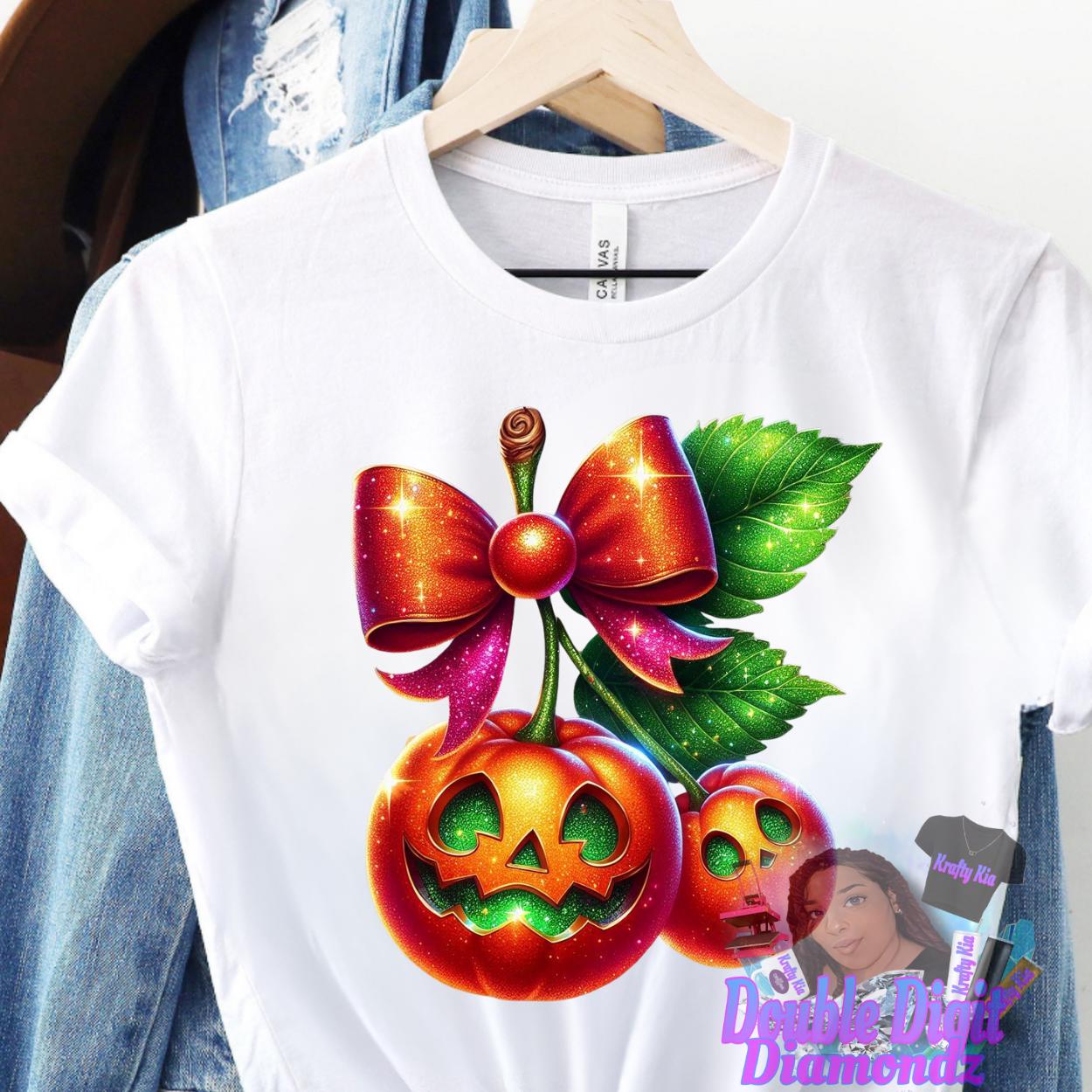 Cherry Pumpkins Png, Halloween Pumpkin png, Fall Png, Pumpkin Cherries Coquette Png, Faux Glitter Png, Pumpkin Bow, Pumpkin Cherries