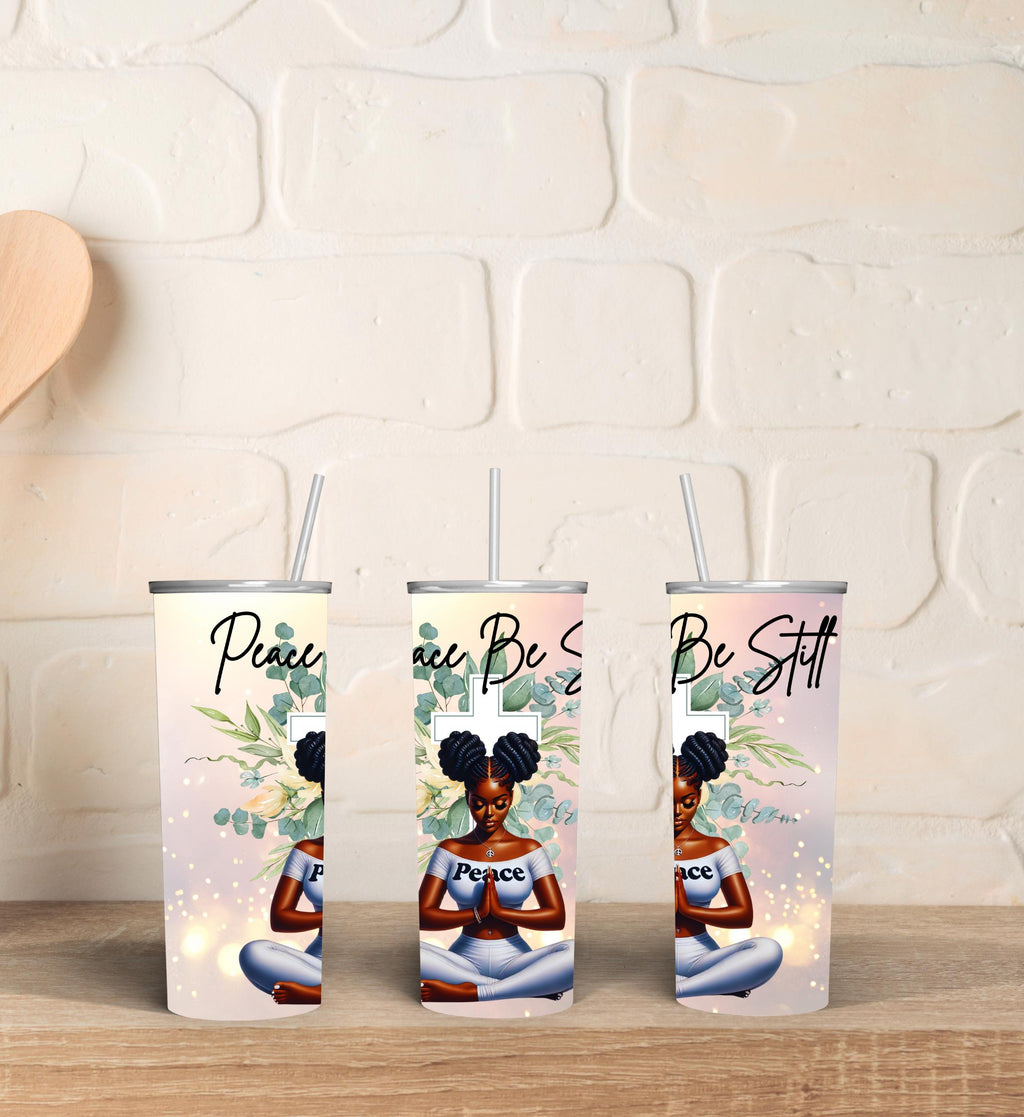 Glitter Peace Be Still  with African American praying Woman, two ponytail design PNG for 20 oz straight tumbler.