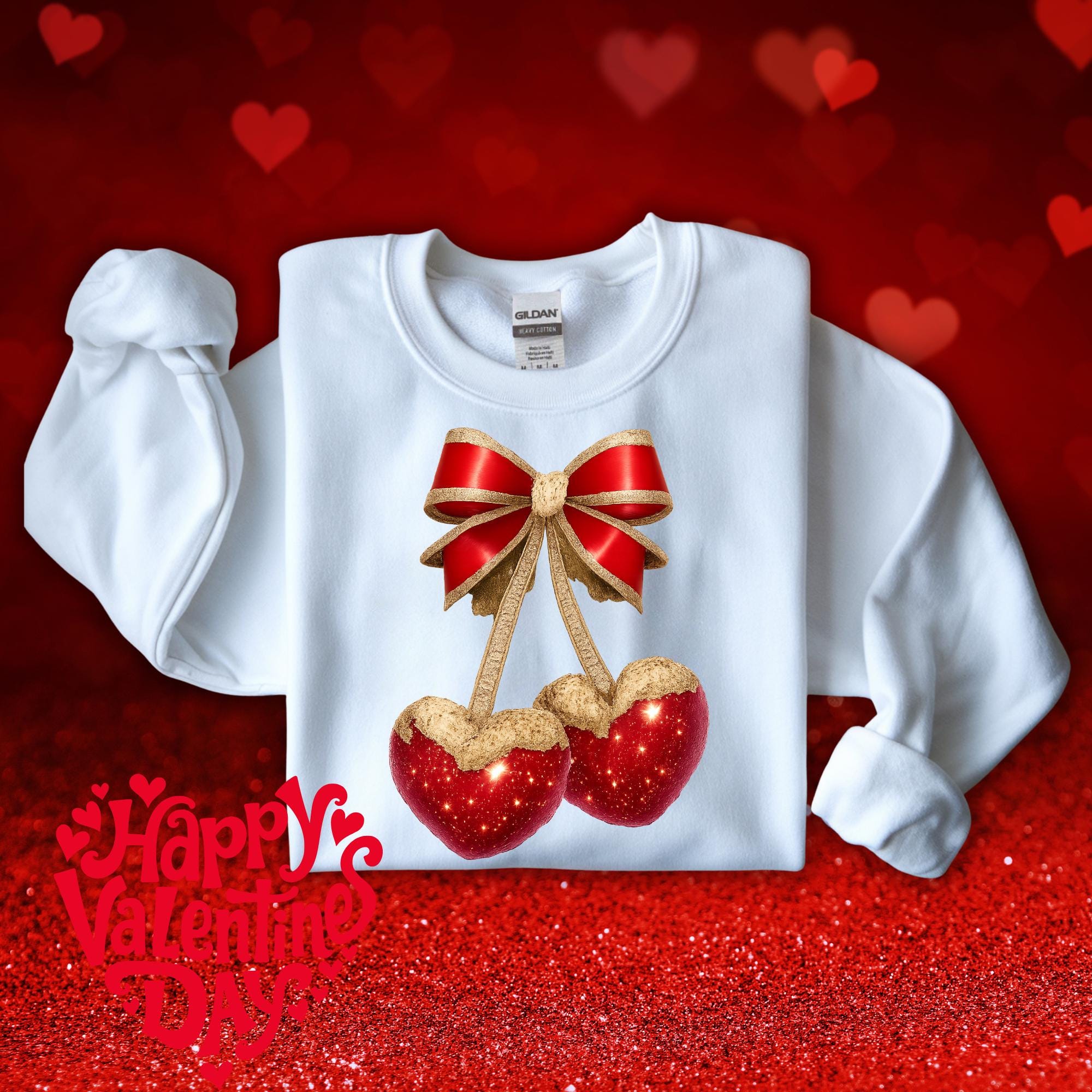 Cherry Heart Png, Valentine png, Pink Hearts Png,  Cherries and Heart Coquette Png, Faux Glitter Png, Cherry Hearts and Bow, Heart Cherries