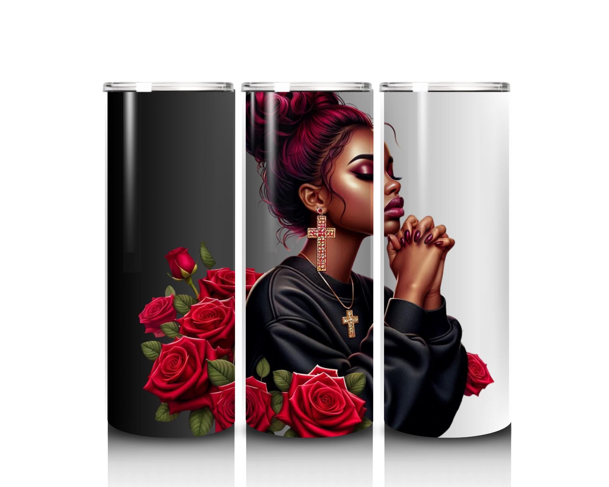 Vibrant African American praying women, cross, journal, tumbler, Messy bun and  red roses, bags, mug, PNG digital