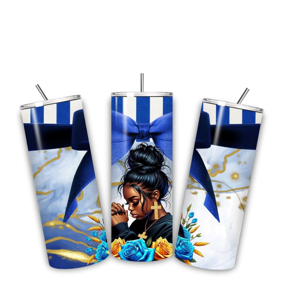 Vibrant African American praying women, cross, journal, tumbler, Messy bun and  blue and yellow roses, bags, mug, PNG digital