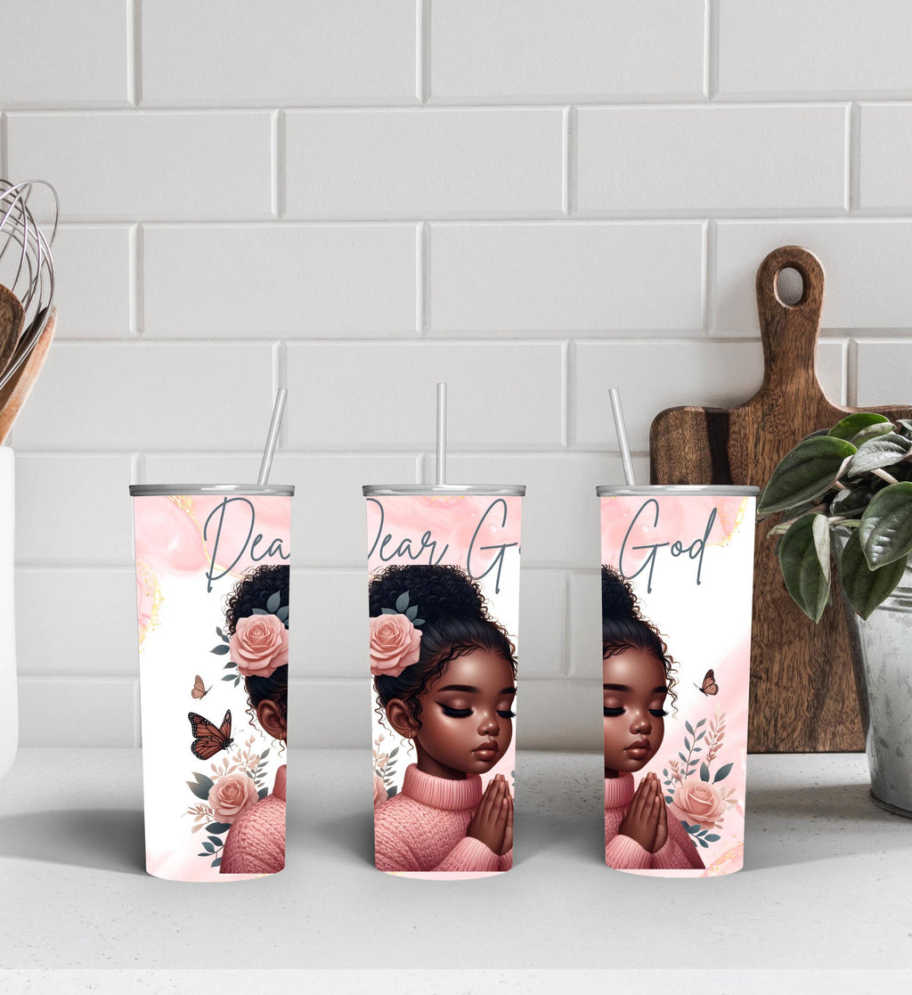 Dear God girl praying, pink floral design PNG for 20 oz straight tumbler.
