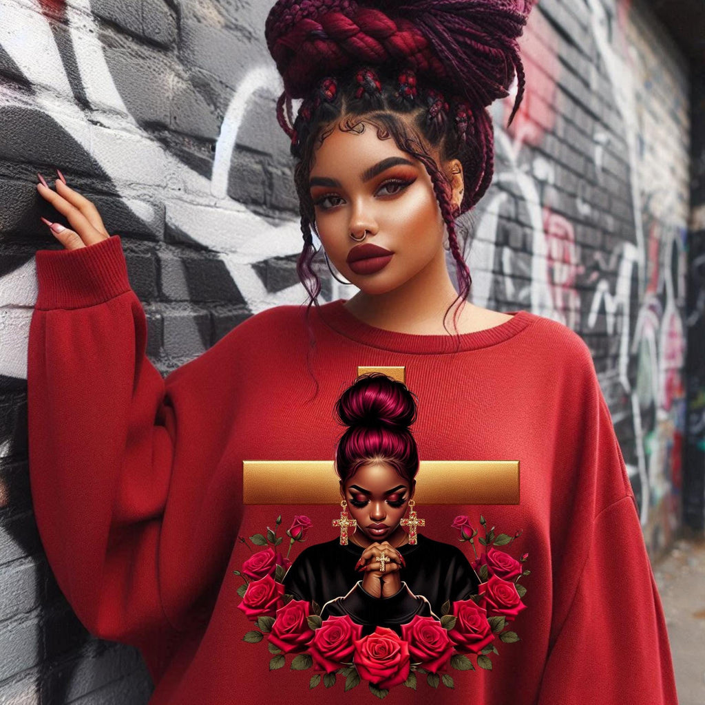 Vibrant African American praying women, cross, journal, tumbler, Messy bun and  red roses, bags, mug, PNG digital