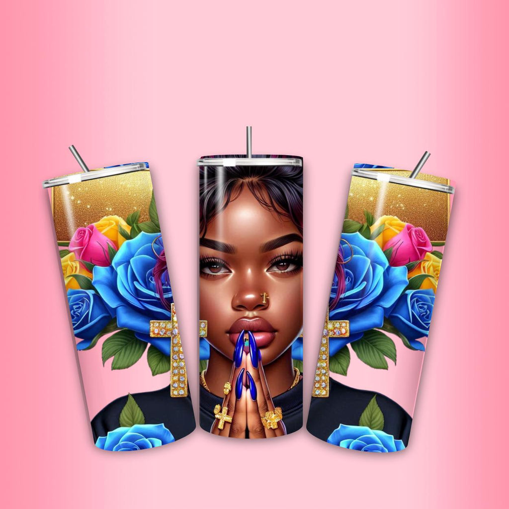 Vibrant African American praying women, cross, journal, tumbler, Messy bun and  blue and yellow roses, bags, mug, PNG digital
