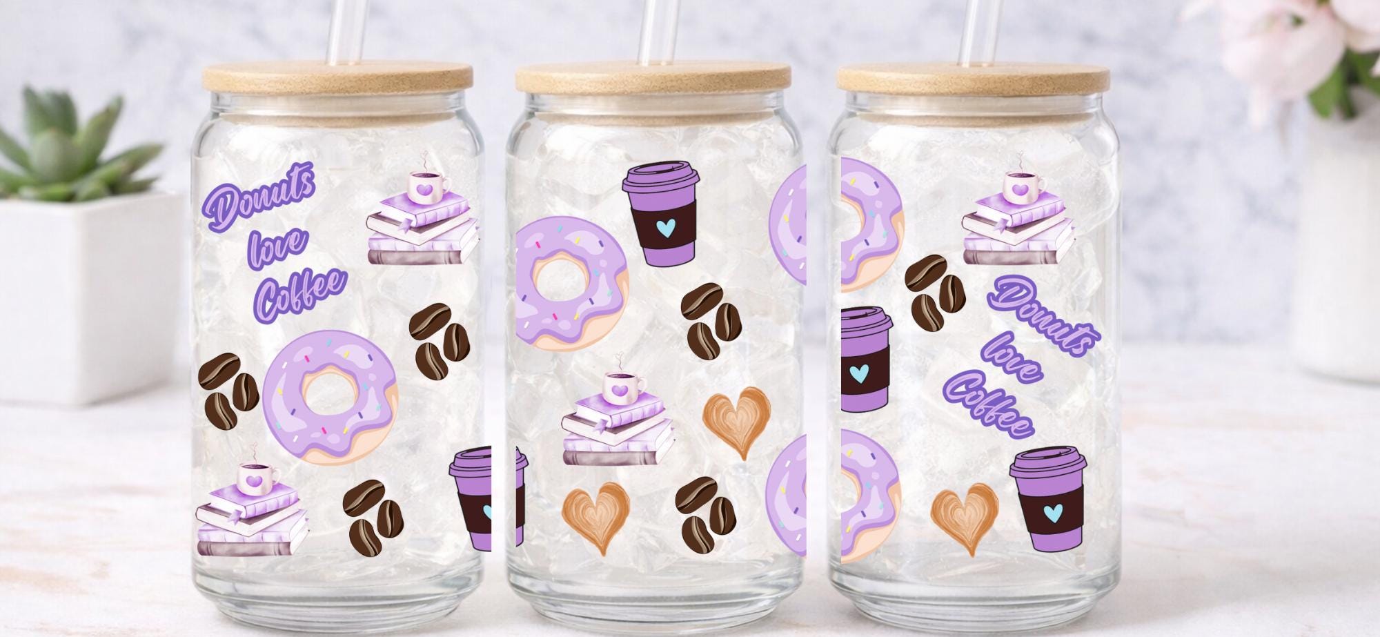 UV DTF Coffee and Donut bundle cup wraps glass tumblers