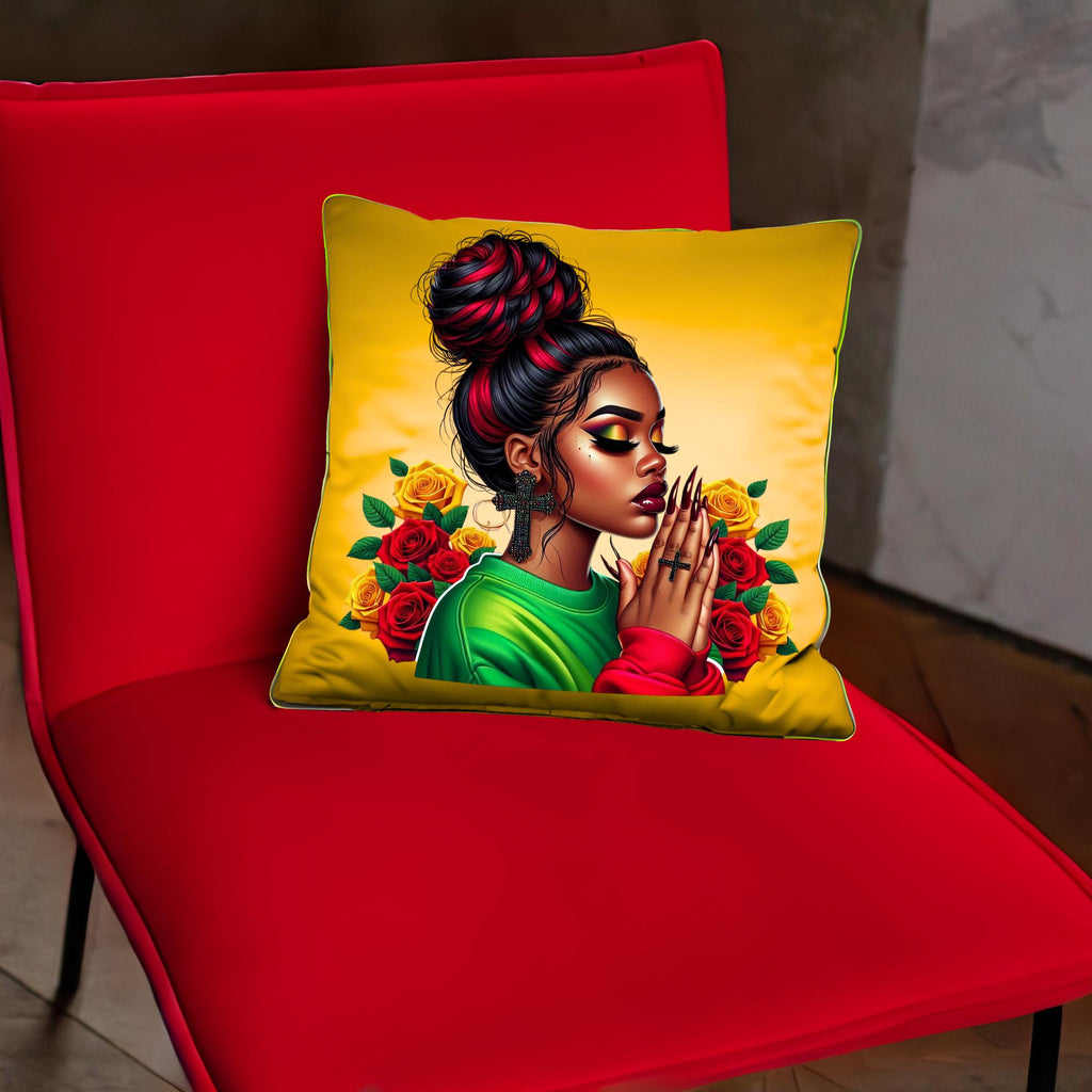 Vibrant African American praying women, Juneteenth, Red, green, yellow. Messy bun and roses