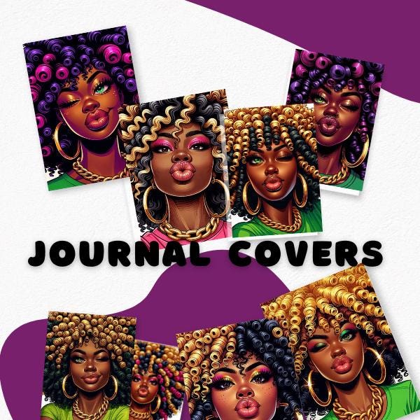 Bundle Journal Cover PNG Design Sublimation, Printable Planner Cover Notebook Cover, Digital Instant Download Black Woman Journal Silly face