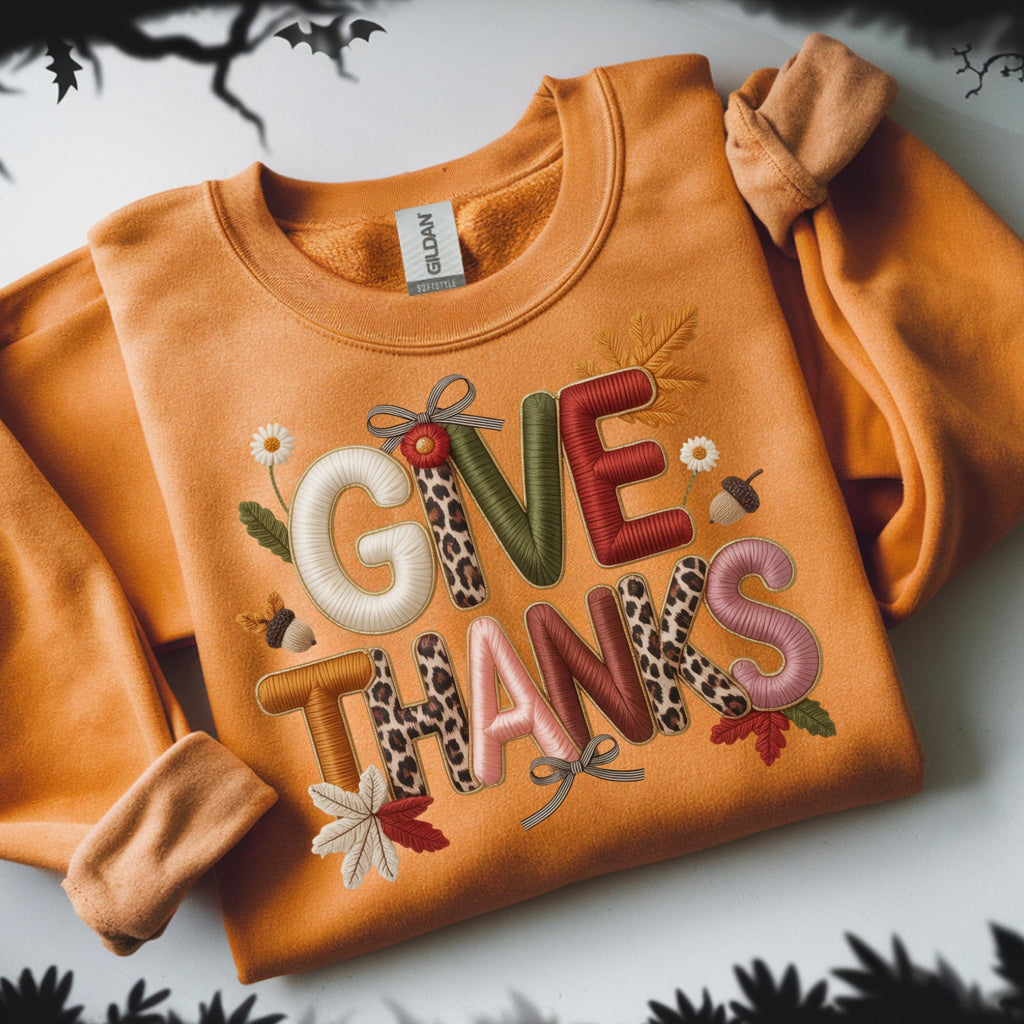 Faux Embroidery Give Thanks, Give Thanks png,  Fall Animal Print PNG, Autumn Design (Digital Download)