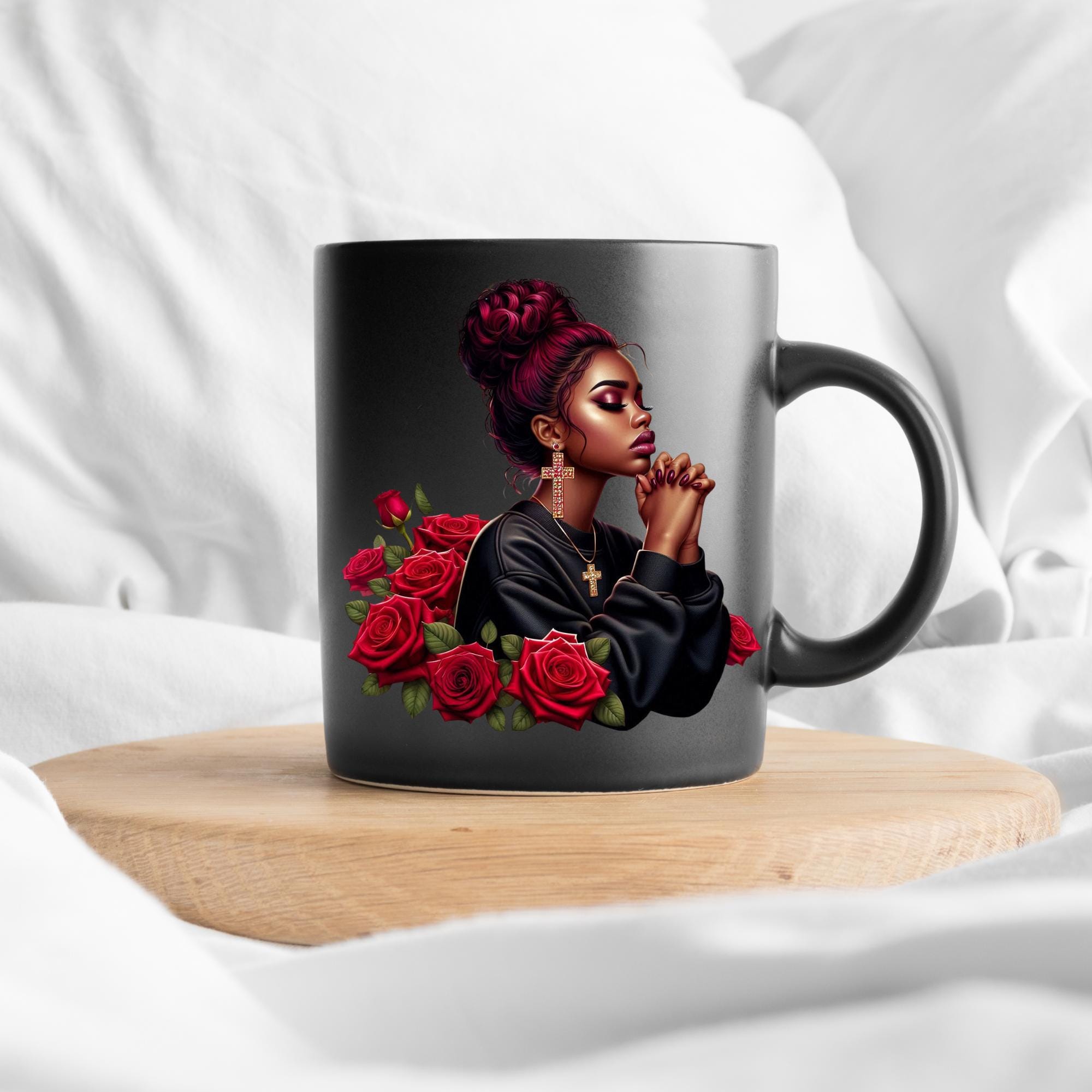 Vibrant African American praying women, cross, journal, tumbler, Messy bun and  red roses, bags, mug, PNG digital
