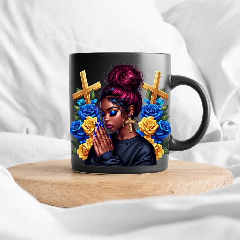 Vibrant African American praying women, cross, journal, tumbler, Messy bun and  blue and yellow roses, bags, mug, PNG digital