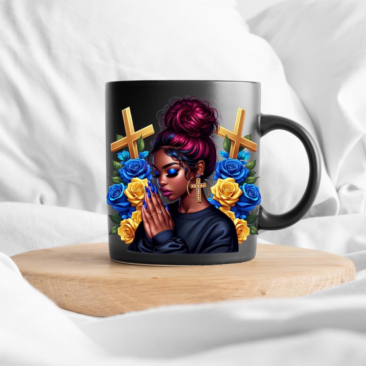 Vibrant African American praying women, cross, journal, tumbler, Messy bun and  blue and yellow roses, bags, mug, PNG digital