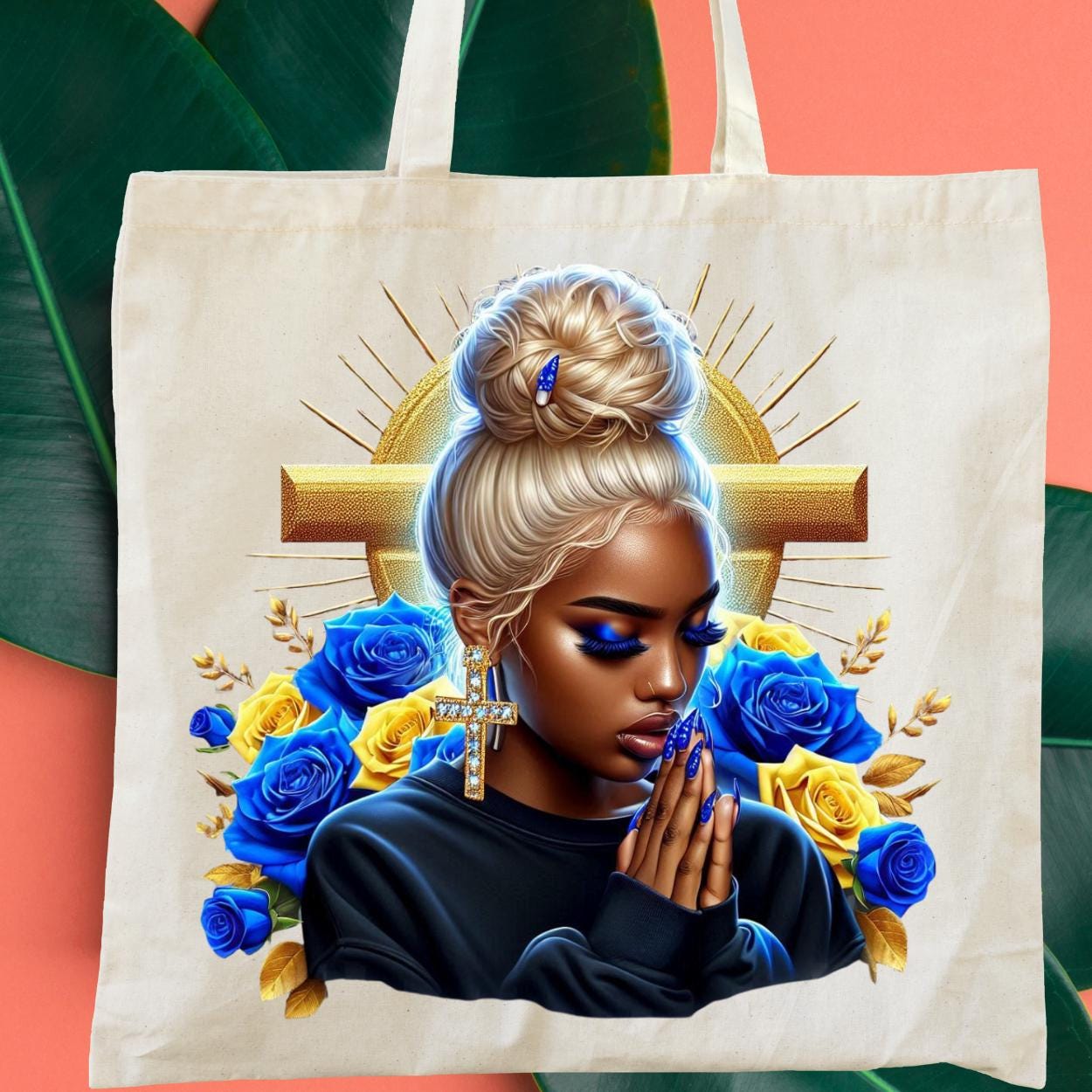 Vibrant African American praying women, cross, journal, tumbler, Messy bun and  blue and yellow roses, bags, mug, PNG digital