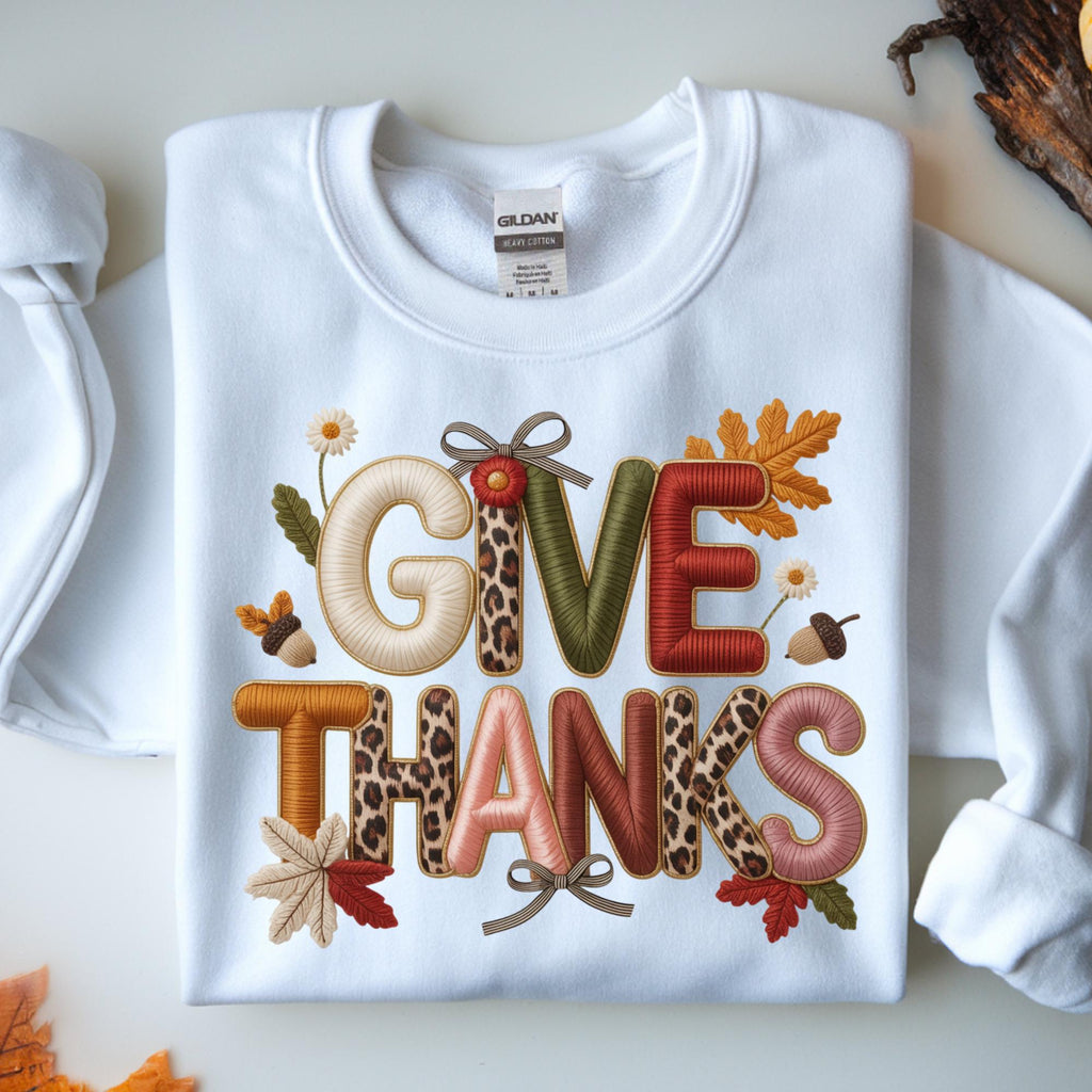 Faux Embroidery Give Thanks, Give Thanks png,  Fall Animal Print PNG, Autumn Design (Digital Download)