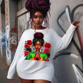 Vibrant African American praying women, Juneteenth, Red, green, yellow. Messy bun and roses