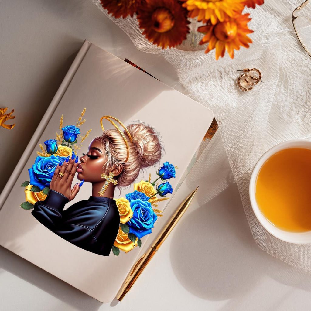 Vibrant African American praying women, cross, journal, tumbler, Messy bun and  blue and yellow roses, bags, mug, PNG digital