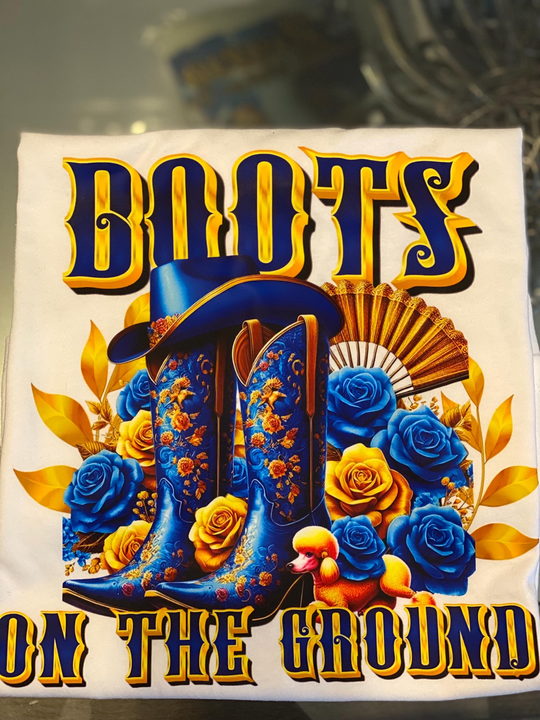 Blue and Gold Boots on the ground no poodle