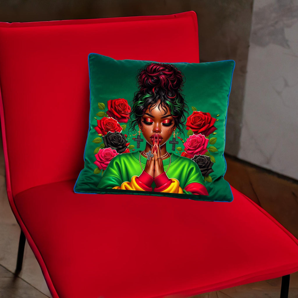 Vibrant African American praying women, Juneteenth, Red, green, yellow. Messy bun and roses