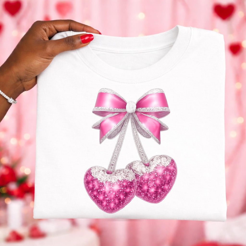 Cherry Heart Png, Valentine png, Pink Hearts Png,  Cherries and Heart Coquette Png, Faux Glitter Png, Cherry Hearts and Bow, Heart Cherries