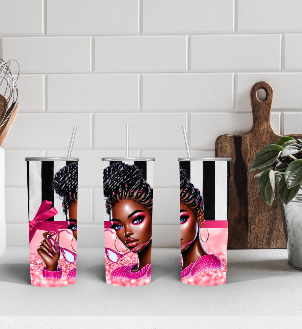 Pink Glitter with Black and White Stripe unbothered  design PNG for 20 oz straight tumbler.