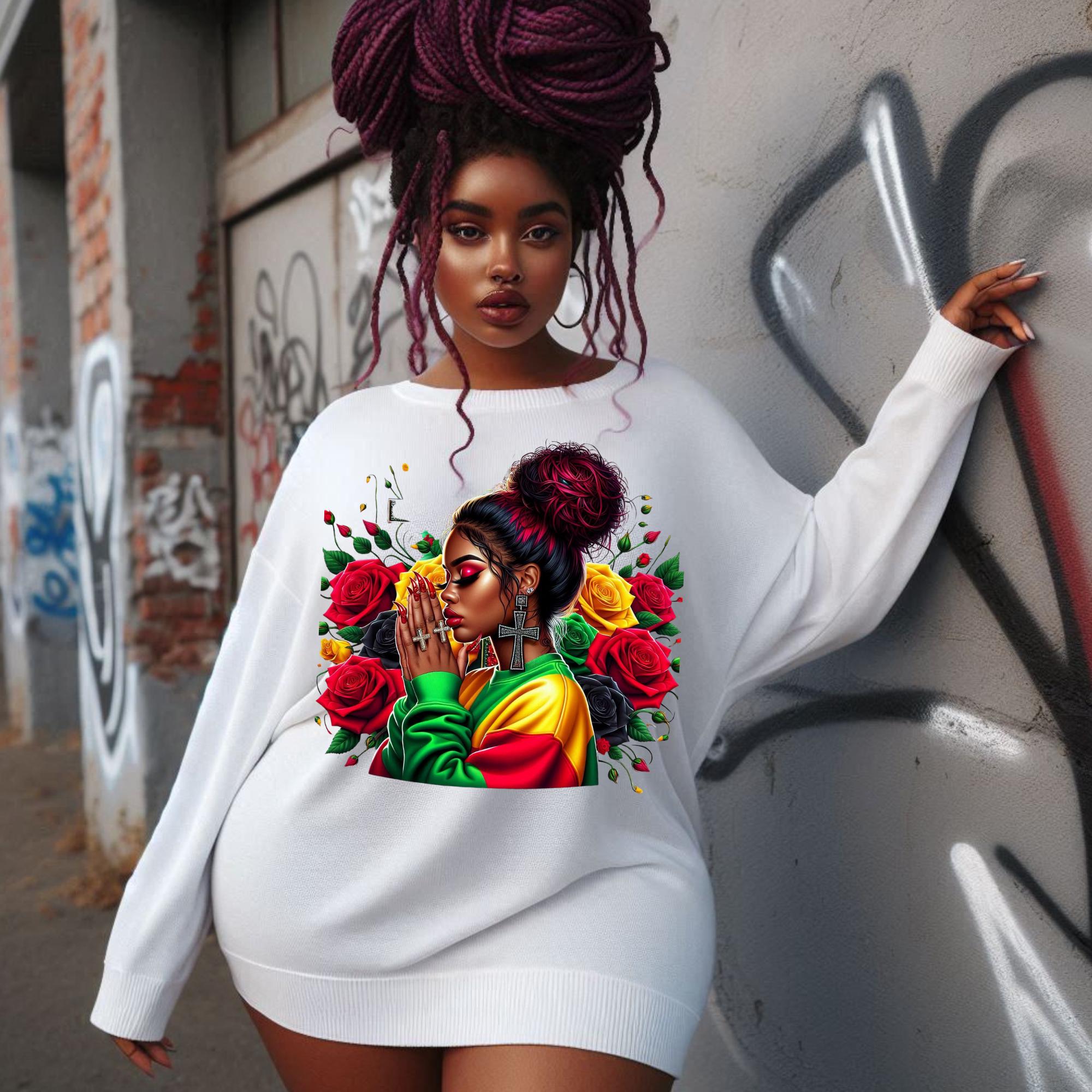 Vibrant African American praying women, Juneteenth, Red, green, yellow. Messy bun and roses