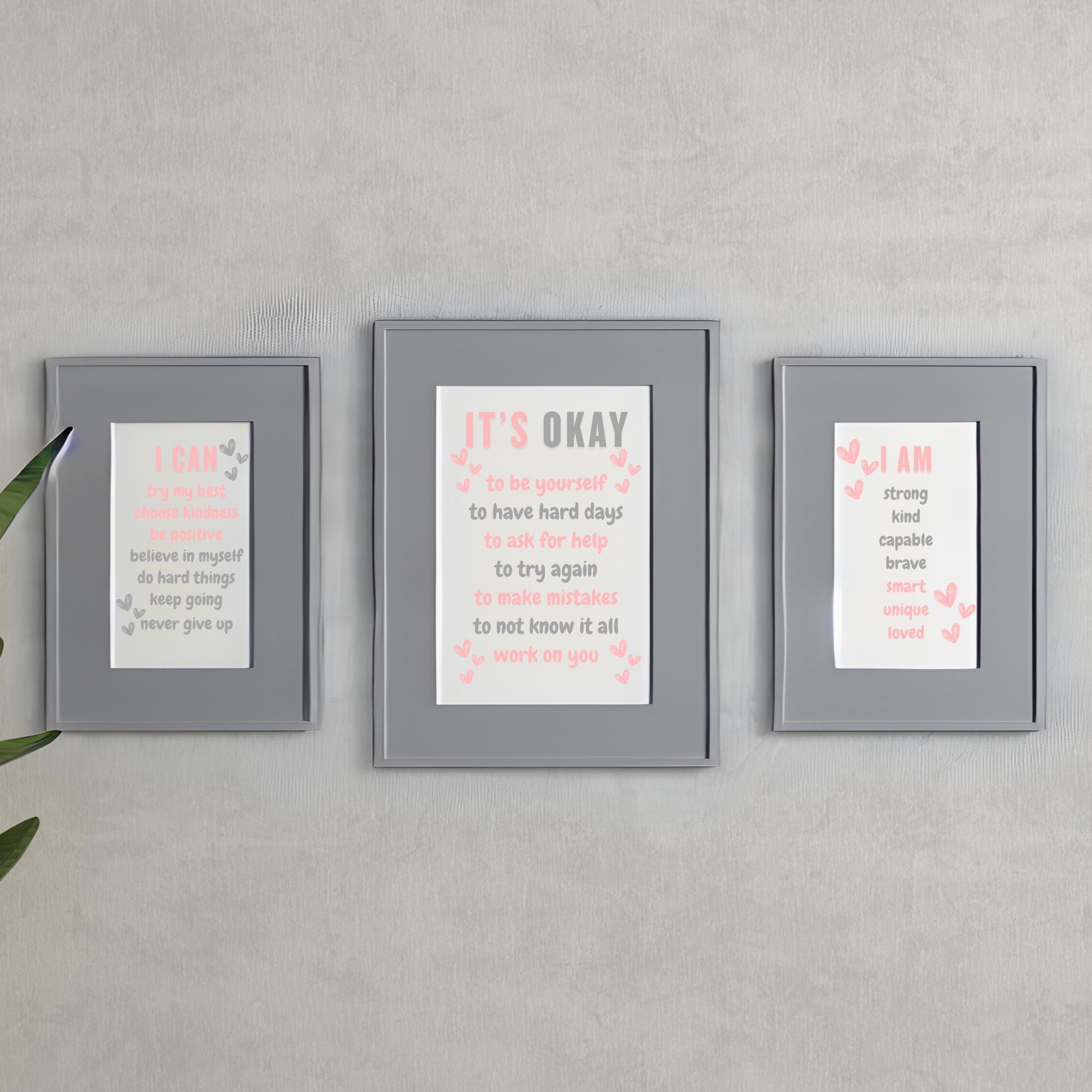 Affirmations for Kids Poster Set of 3, Daily Affirmations Wall Art Bundle, I Am I Can Words of Affirmations, Classroom or dorm pink and gray
