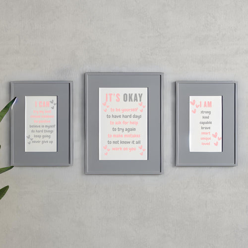 Affirmations for Kids Poster Set of 3, Daily Affirmations Wall Art Bundle, I Am I Can Words of Affirmations, Classroom or dorm pink and gray