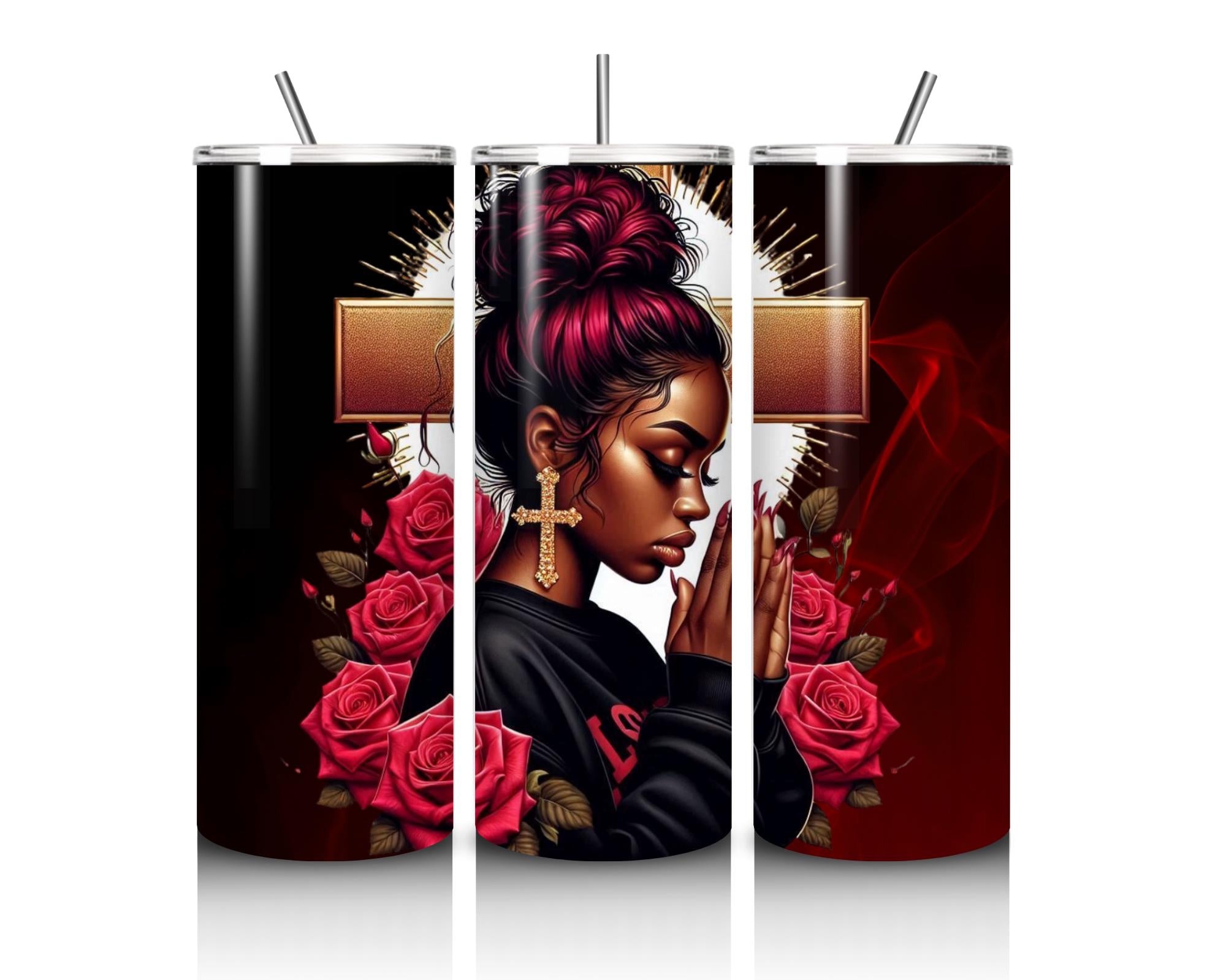 Vibrant African American praying women, cross, journal, tumbler, Messy bun and  red roses, bags, mug, PNG digital