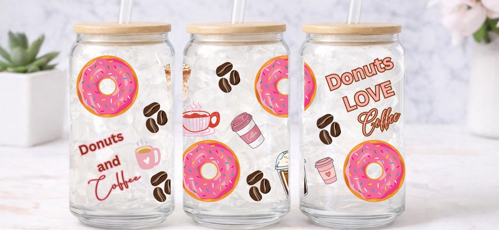 UV DTF Coffee and Donut bundle cup wraps glass tumblers