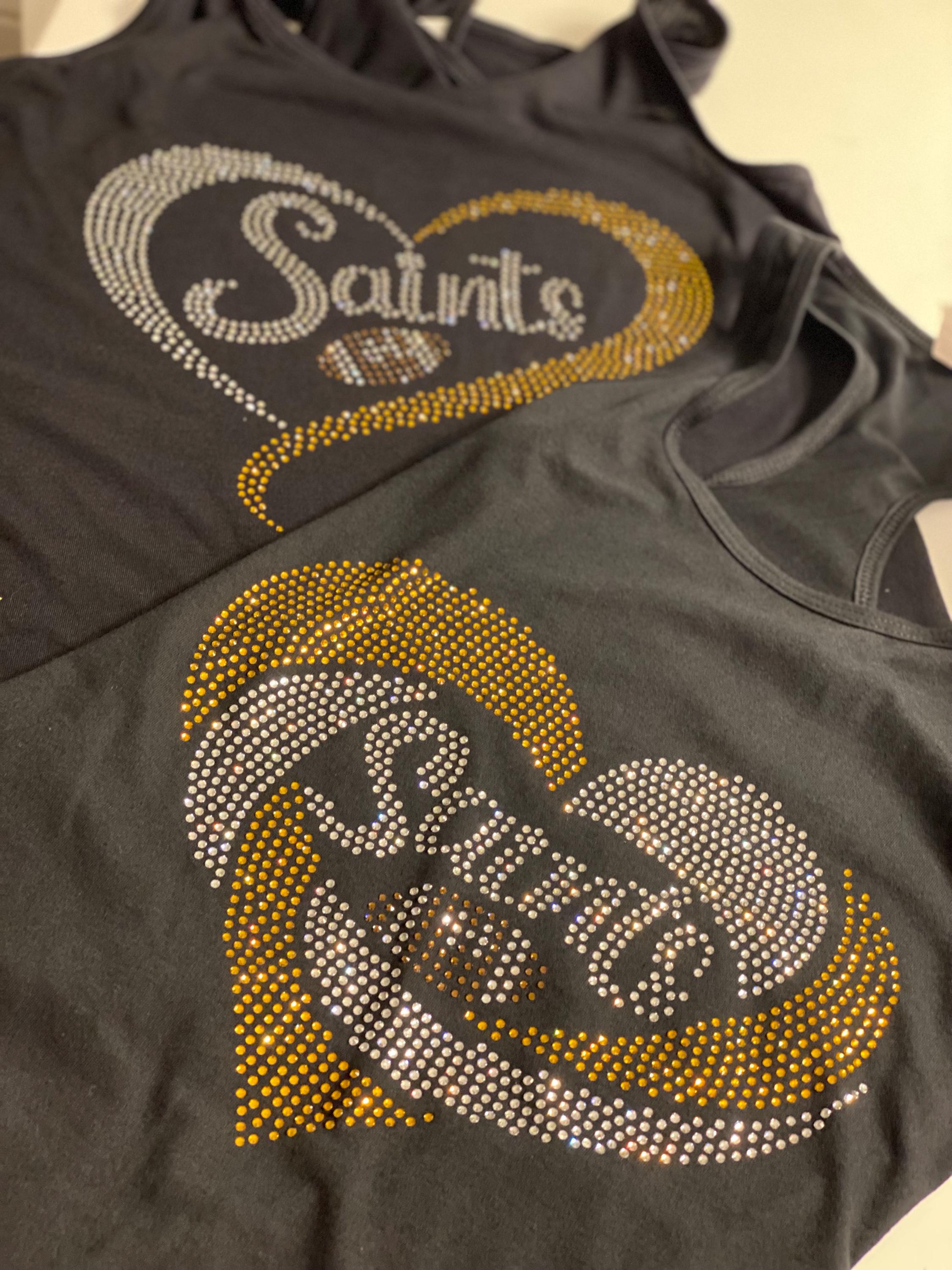 SAINTS  Rhinestone shirt or Tank , heart rhinestone shirt, silver and Gold rhinestone shirt, sparkle shirt, or football rhinestones shirt