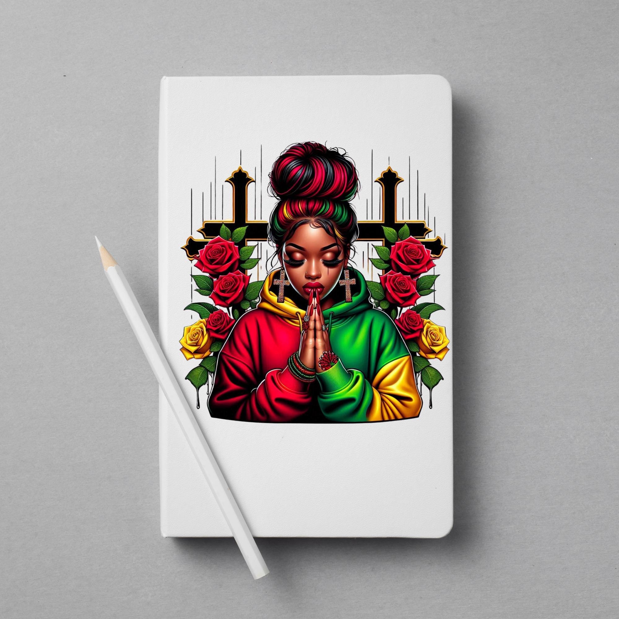 Vibrant African American praying women, Juneteenth, Red, green, yellow. Messy bun and roses