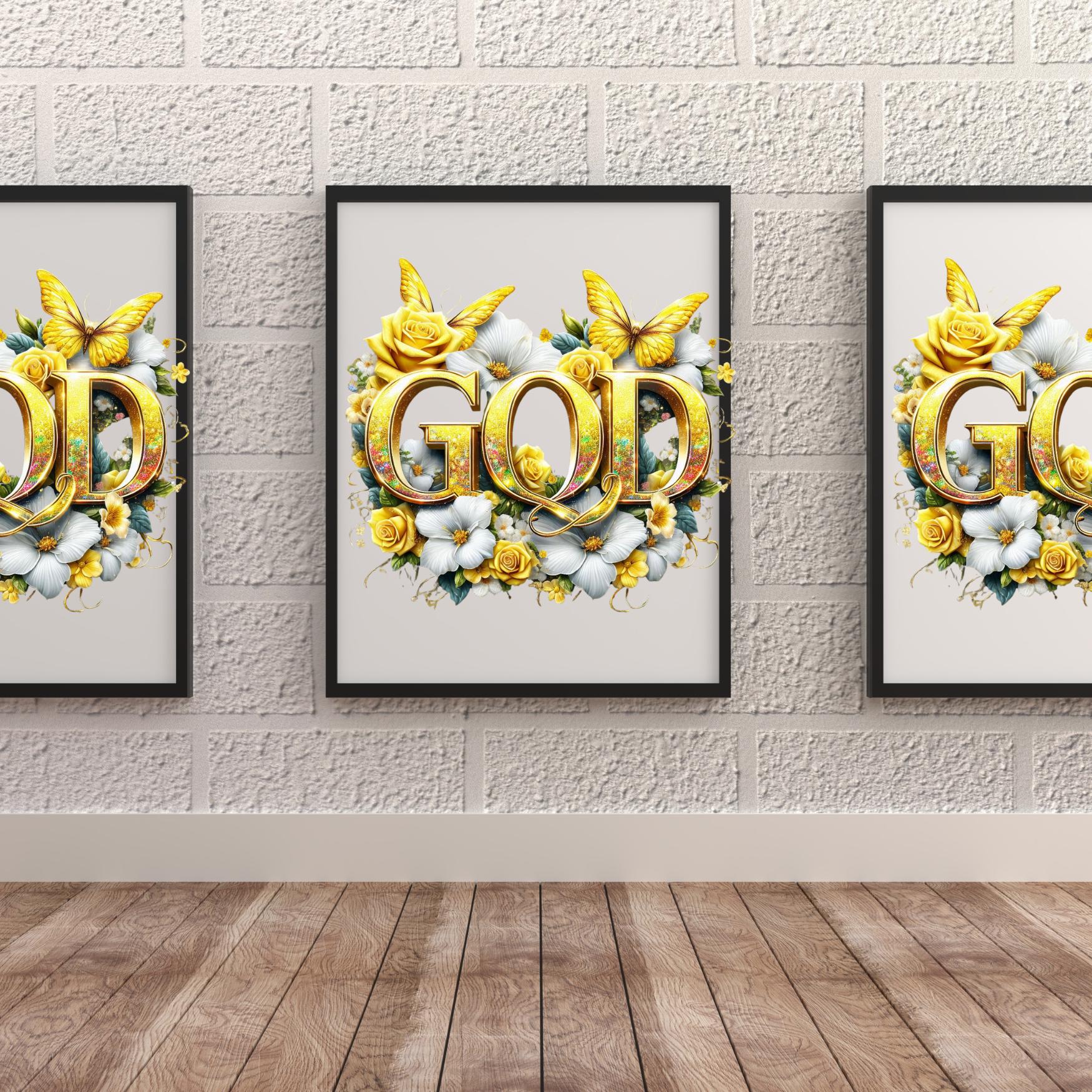 GOD Bundle, beautiful vibrant colors is red, pink, blue, green. yellow, gold  butterfly roses.  motivational, wall art, spiritual PNG