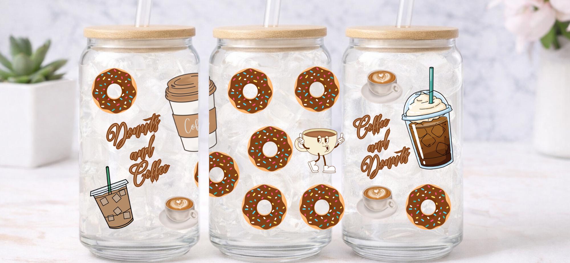 UV DTF Coffee and Donut bundle cup wraps glass tumblers