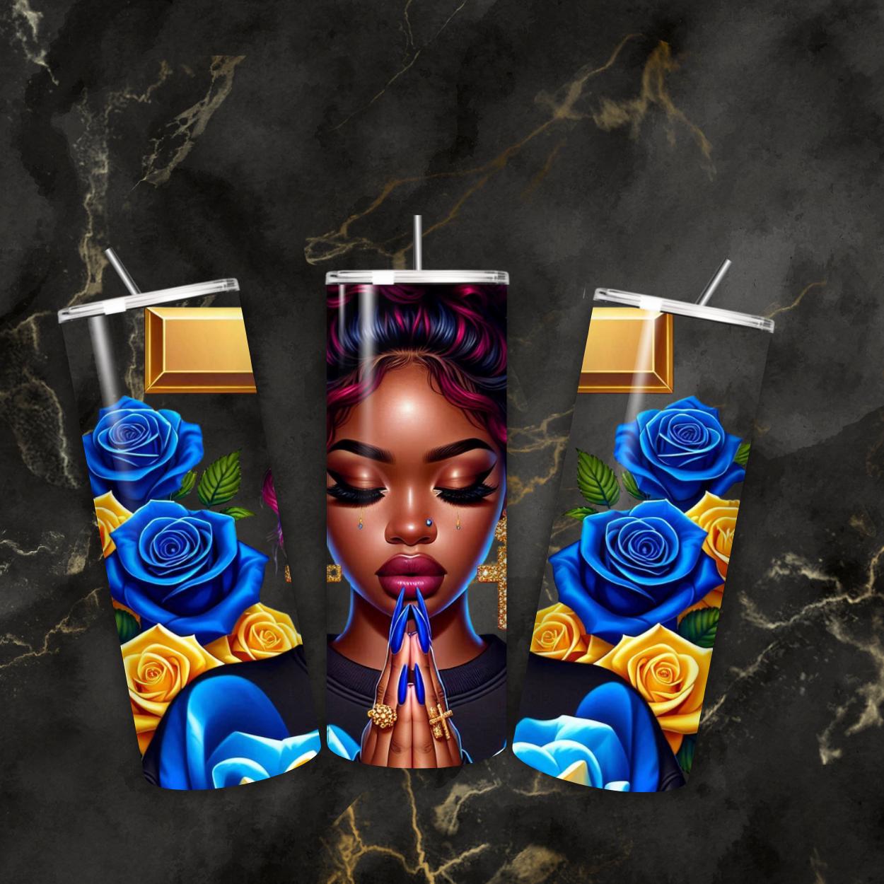 Vibrant African American praying women, cross, journal, tumbler, Messy bun and  blue and yellow roses, bags, mug, PNG digital