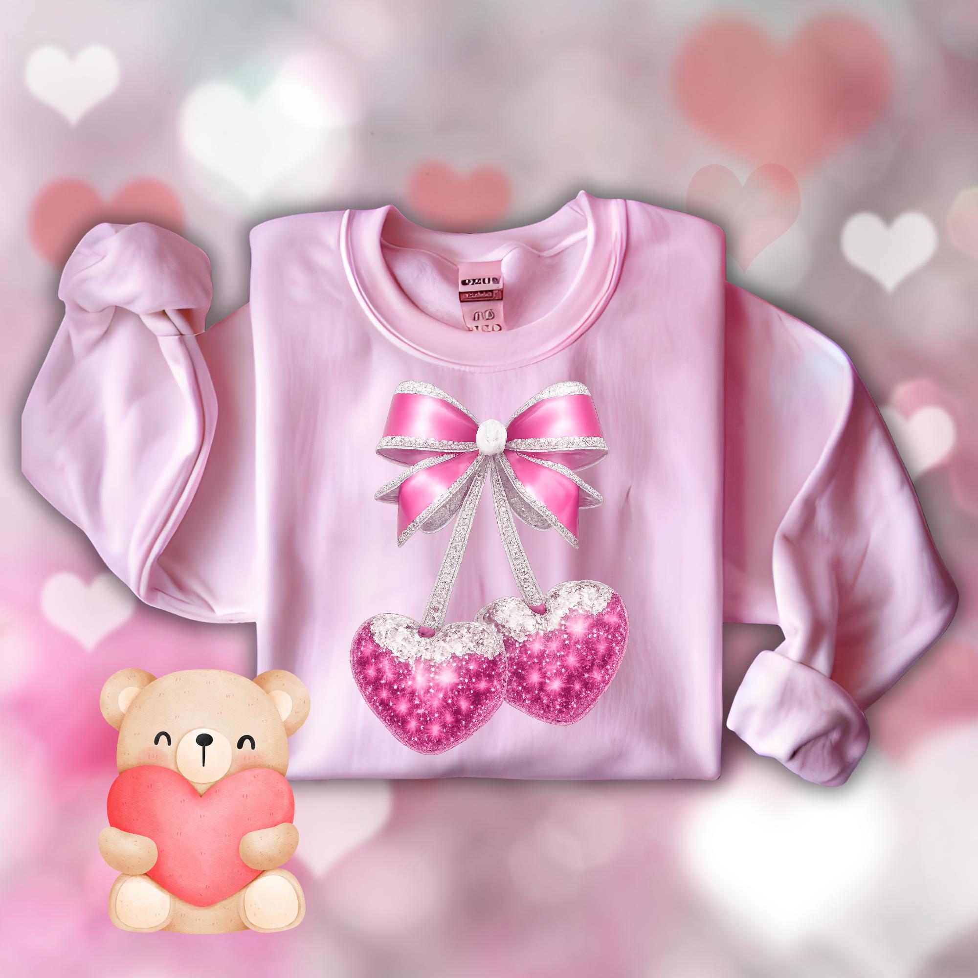 Cherry Heart Png, Valentine png, Pink Hearts Png,  Cherries and Heart Coquette Png, Faux Glitter Png, Cherry Hearts and Bow, Heart Cherries