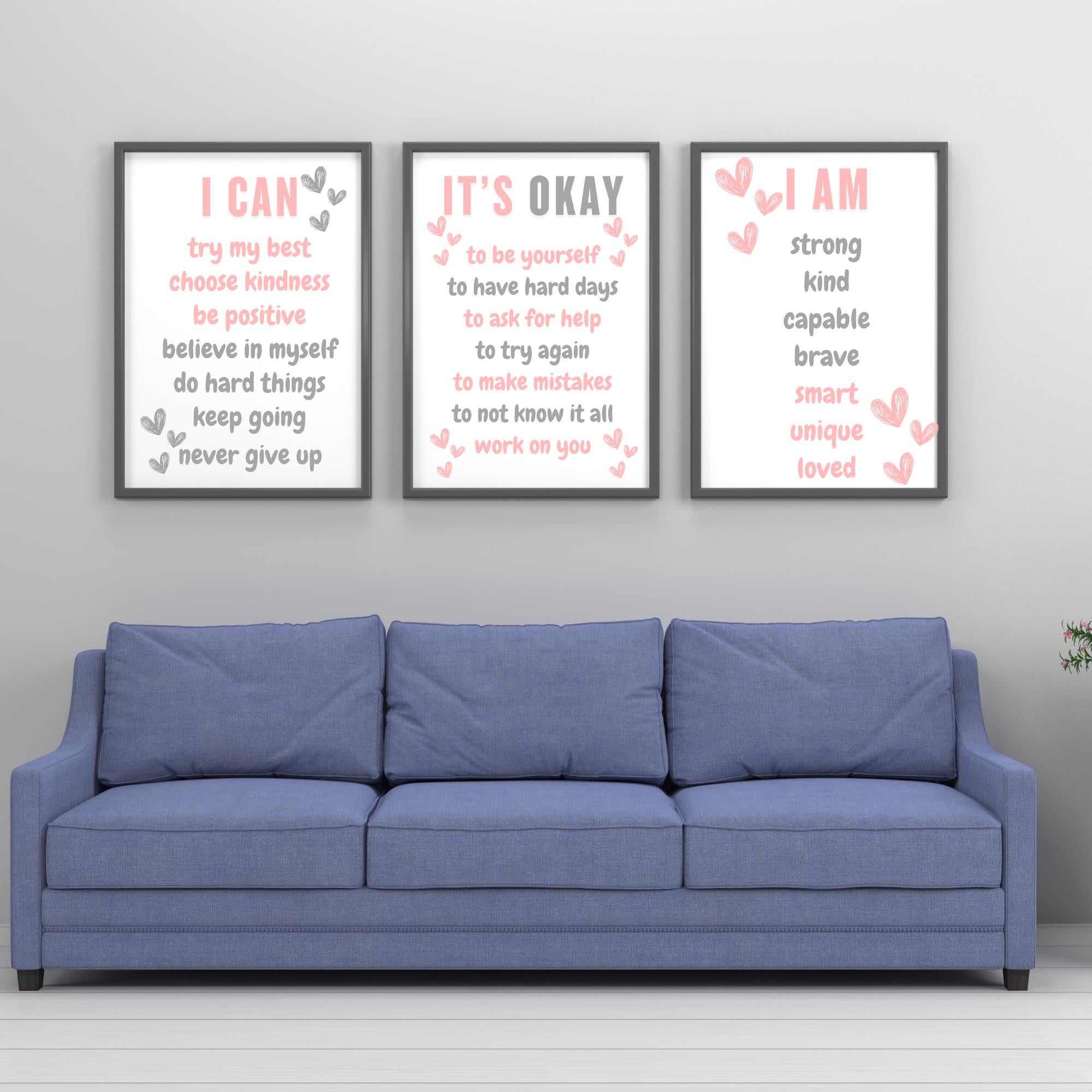 Affirmations for Kids Poster Set of 3, Daily Affirmations Wall Art Bundle, I Am I Can Words of Affirmations, Classroom or dorm pink and gray