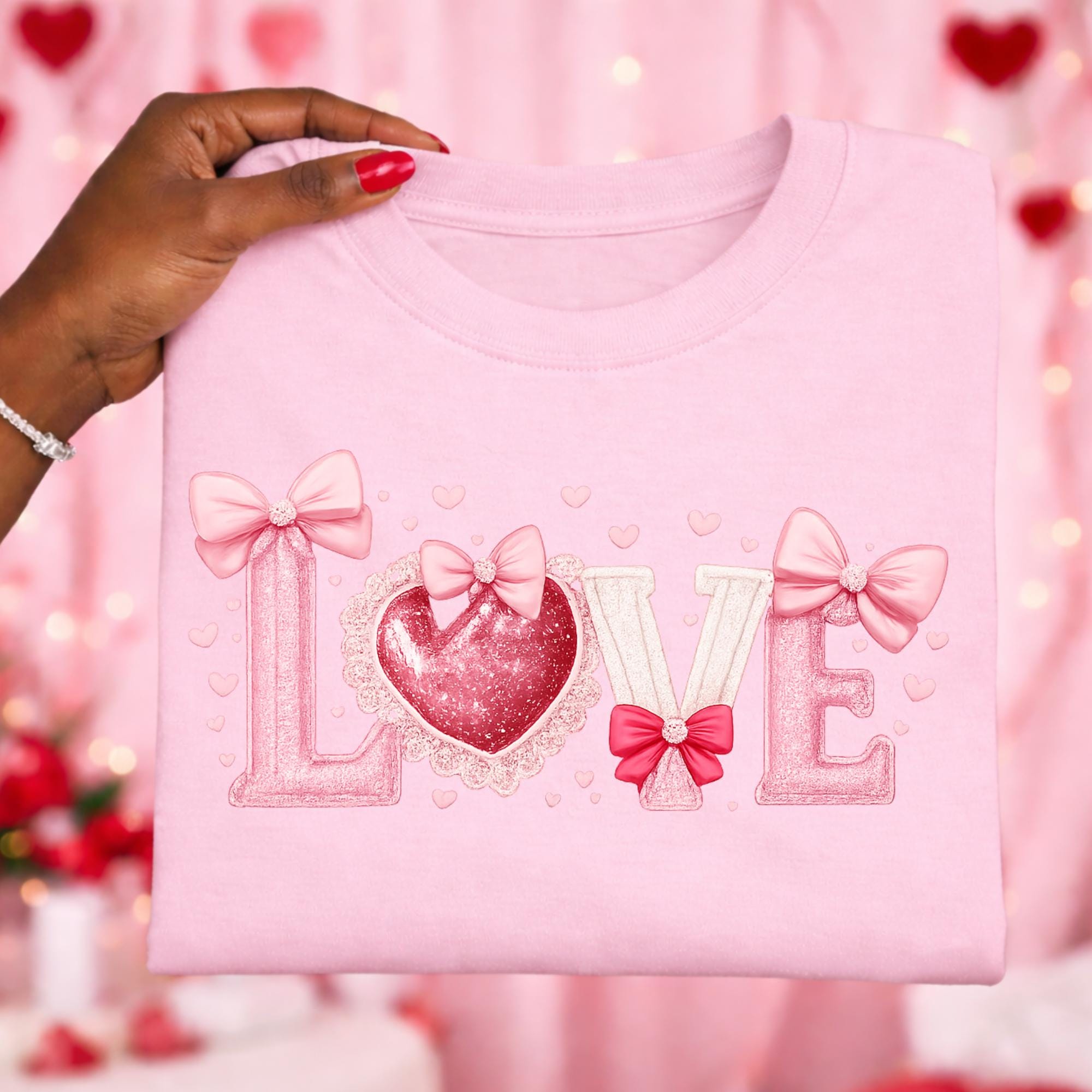 Coquette Love Png, Valentine png, Pink Hearts Png,  Heart Coquette Png, Faux Glitter Png, Love Hearts and Bows,