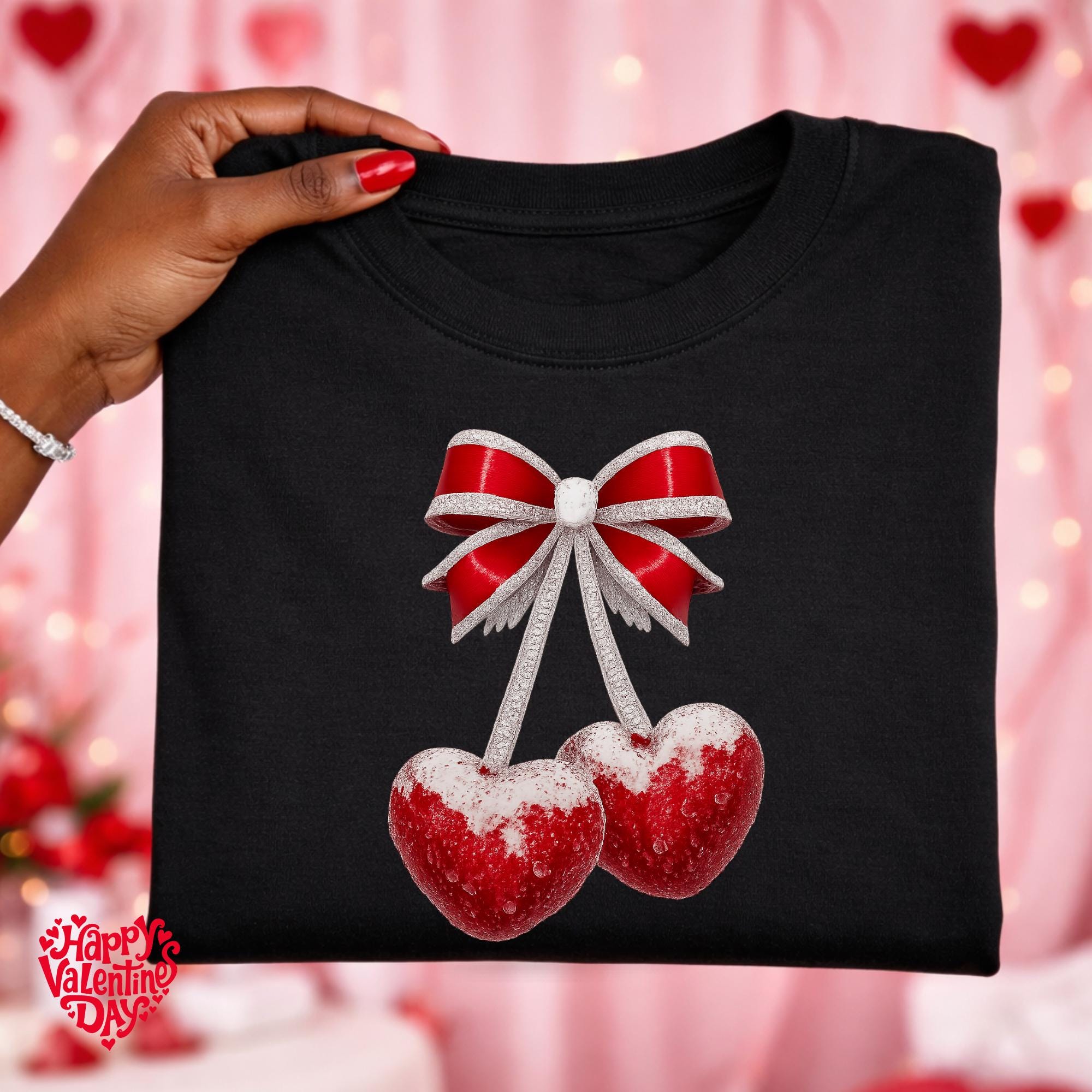 Cherry Heart Png, Valentine png, Pink Hearts Png,  Cherries and Heart Coquette Png, Faux Glitter Png, Cherry Hearts and Bow, Heart Cherries