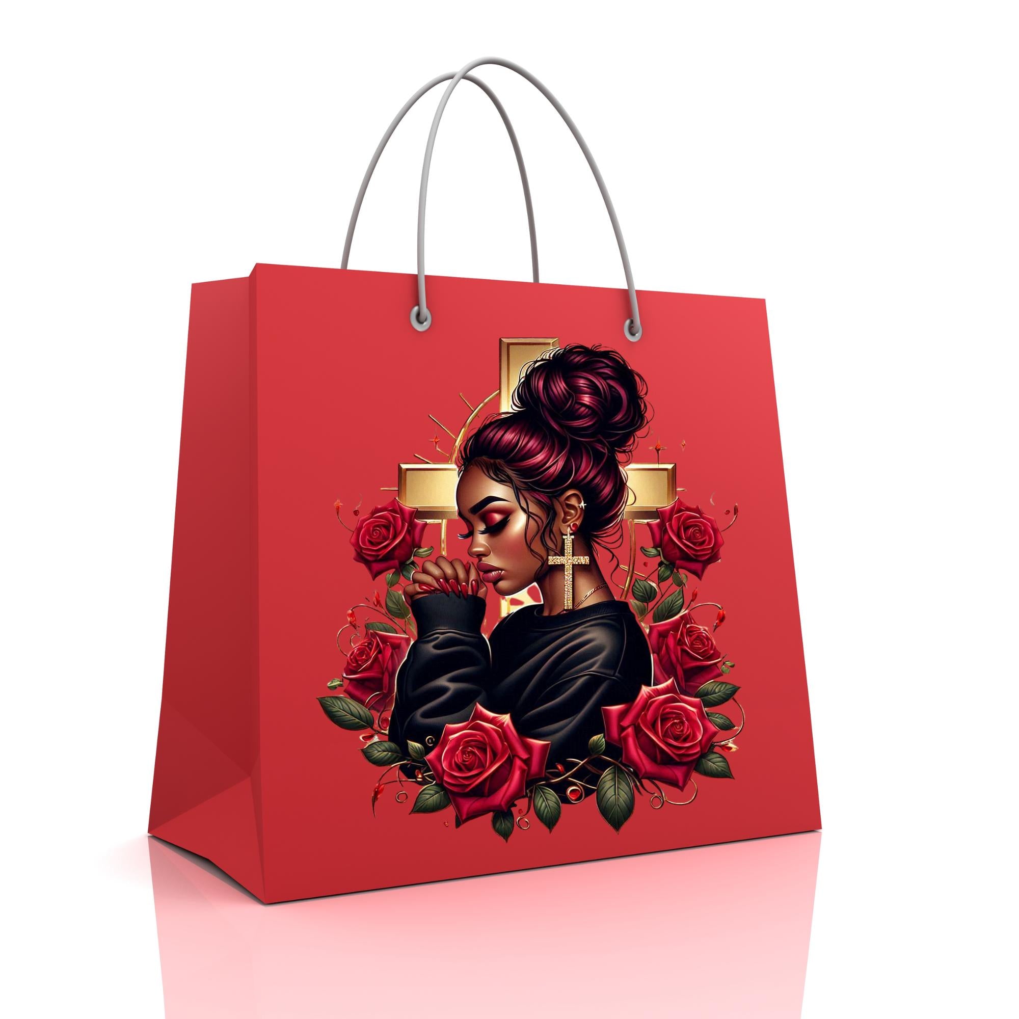 Vibrant African American praying women, cross, journal, tumbler, Messy bun and  red roses, bags, mug, PNG digital