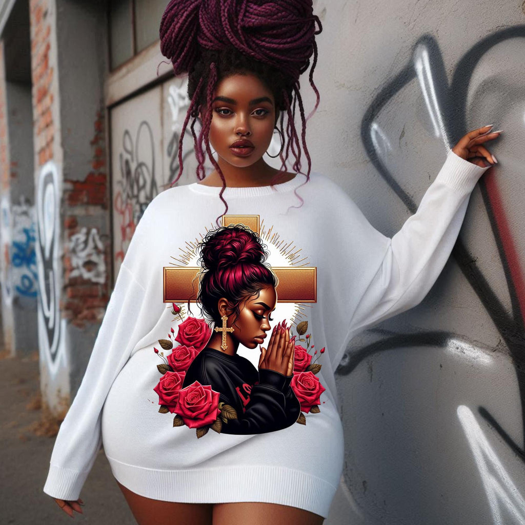 Vibrant African American praying women, cross, journal, tumbler, Messy bun and  red roses, bags, mug, PNG digital