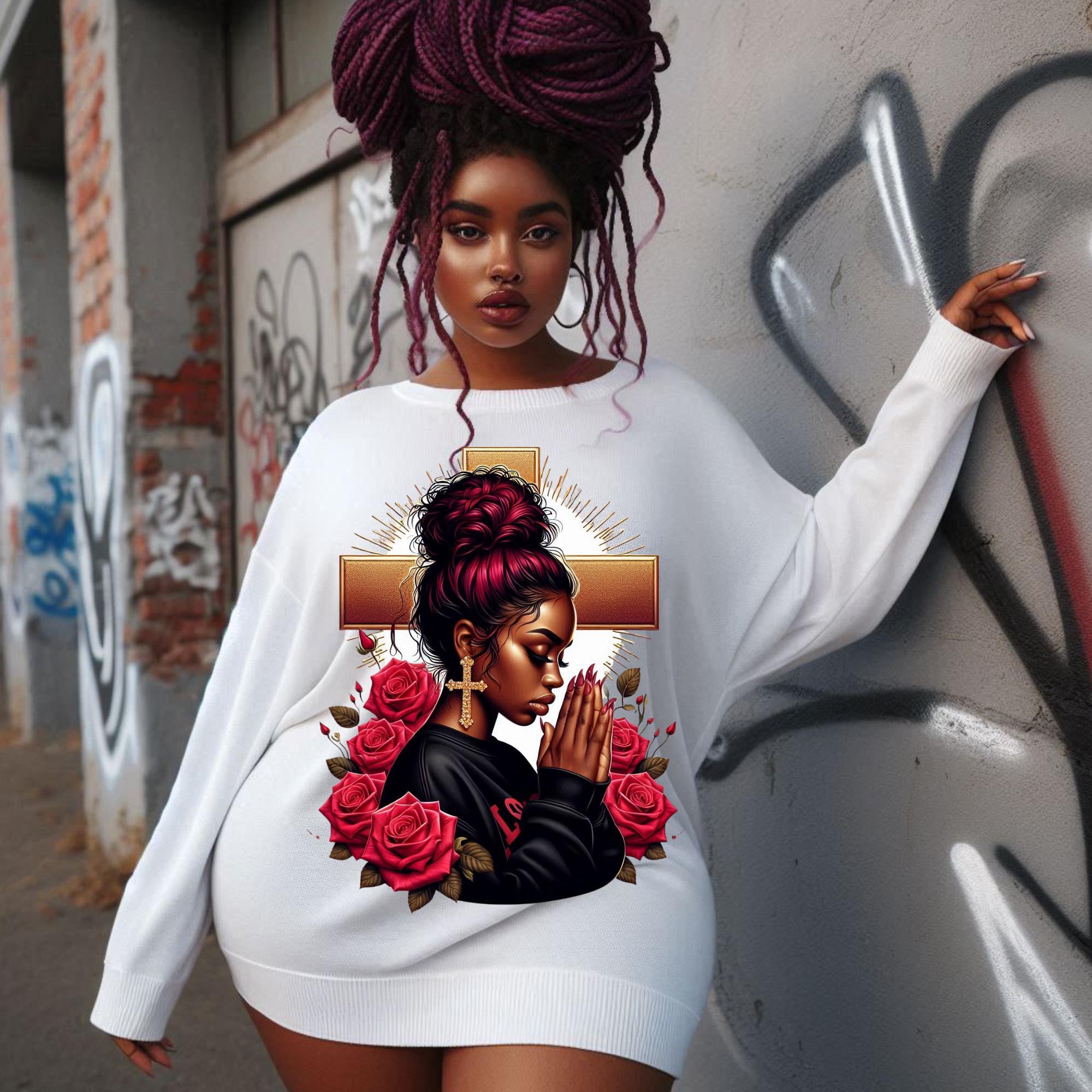 Vibrant African American praying women, cross, journal, tumbler, Messy bun and  red roses, bags, mug, PNG digital