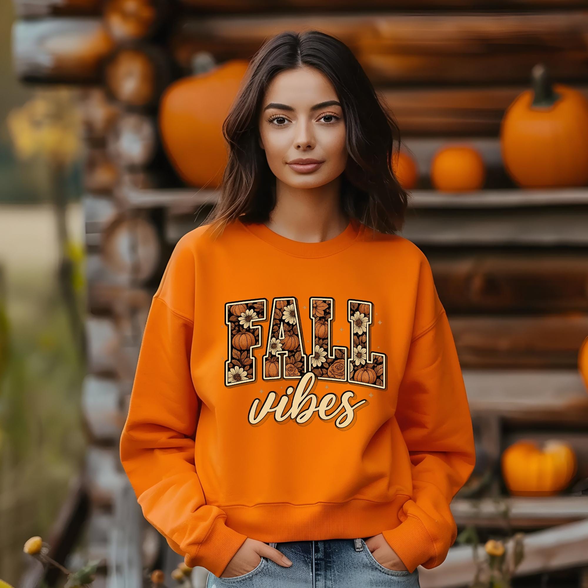 Preppy Fall Vibes PNG, Pumpkin Floral Design (Digital Download)