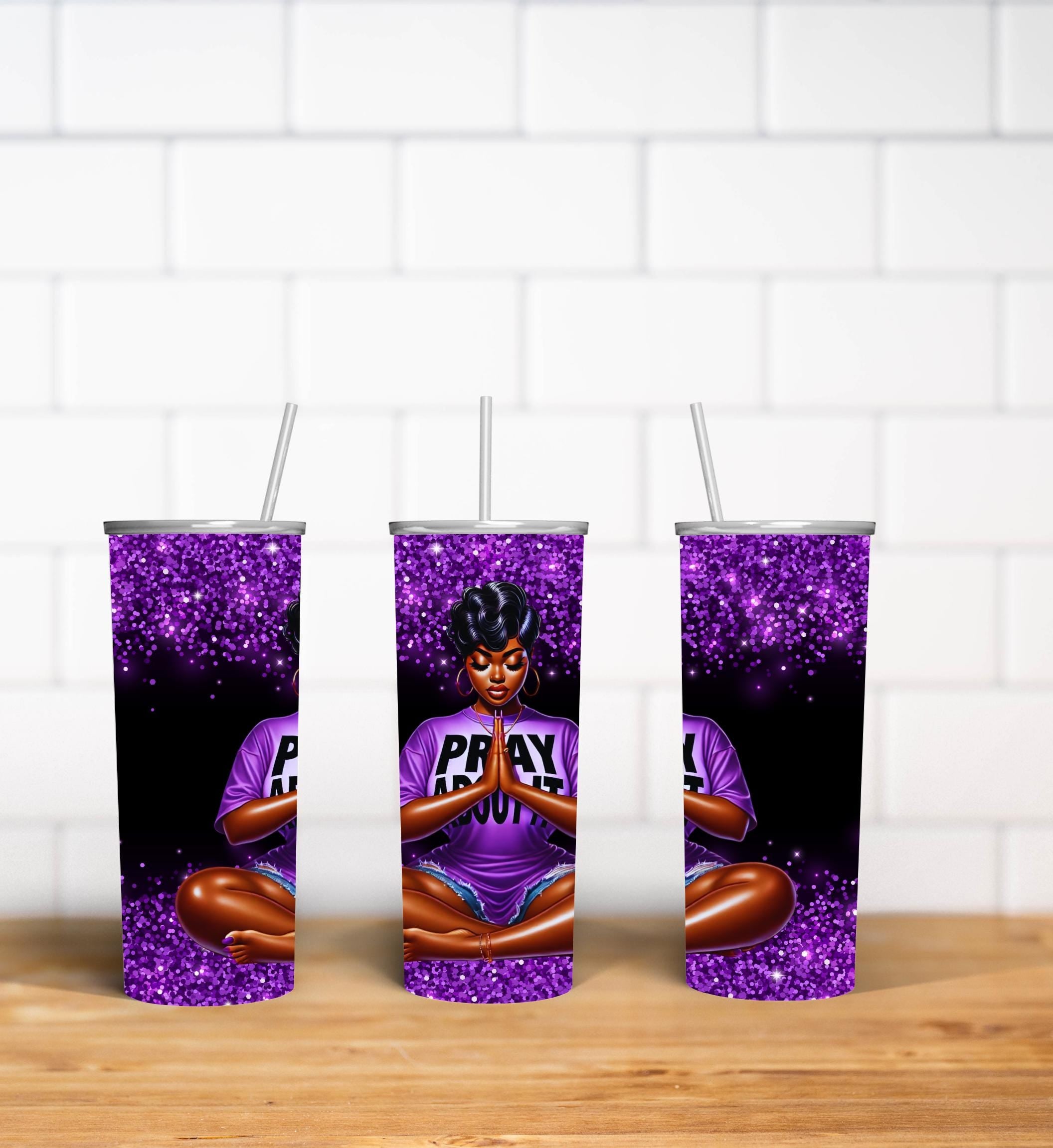 Black and Purple Glitter with African American woman Praying  design PNG for 20 oz straight tumbler. Pray About It