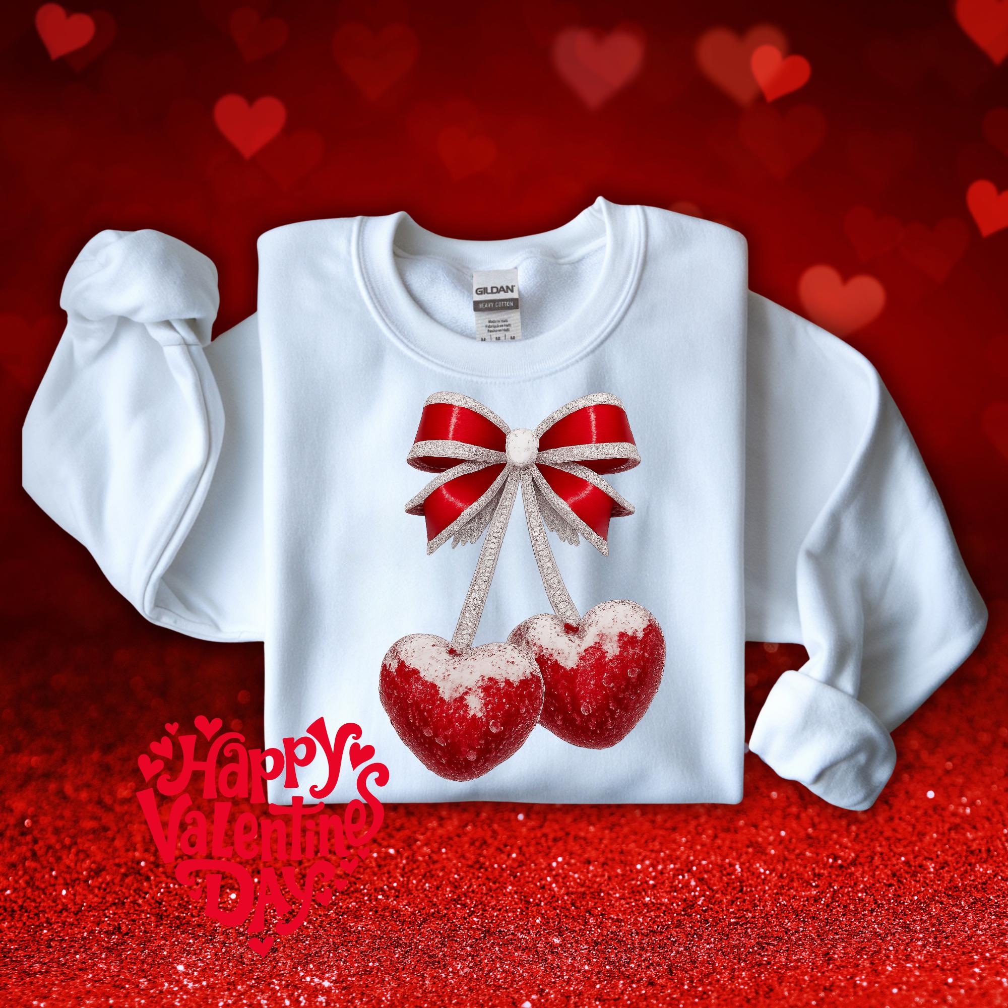 Cherry Heart Png, Valentine png, Pink Hearts Png,  Cherries and Heart Coquette Png, Faux Glitter Png, Cherry Hearts and Bow, Heart Cherries